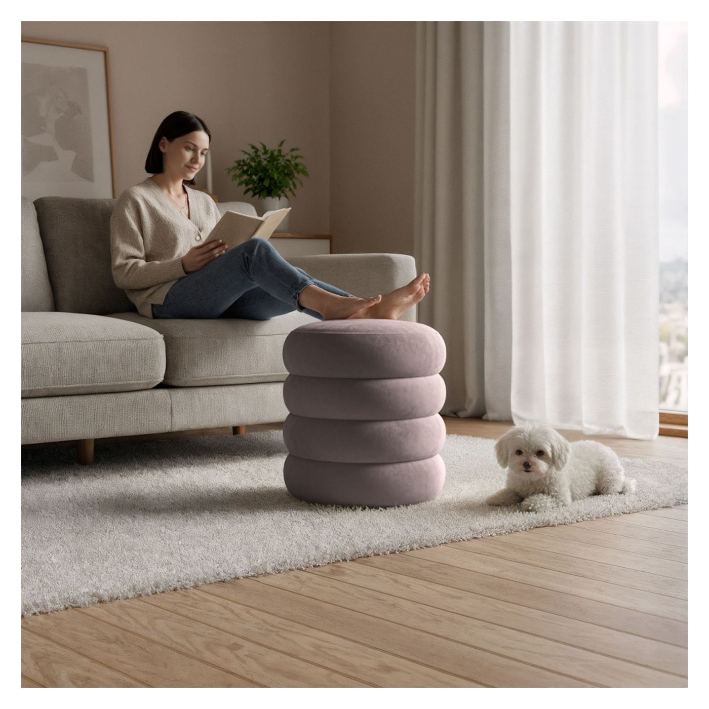 Snuggo Тапициран Пуф с място за съхранение, Кадифе, Диаметър 42 см, Височина 45 см, Пудра розово - 2