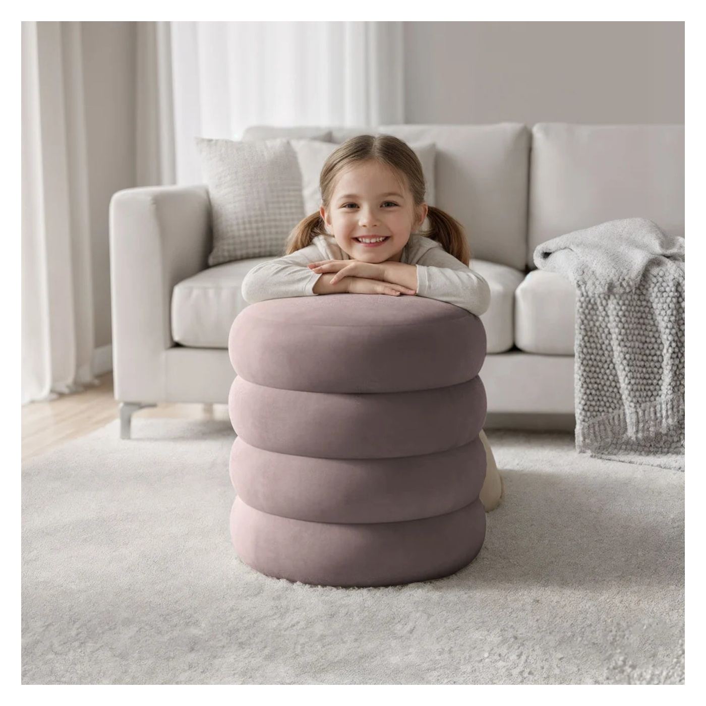 Snuggo Тапициран Пуф с място за съхранение, Кадифе, Диаметър 42 см, Височина 45 см, Пудра розово - 6