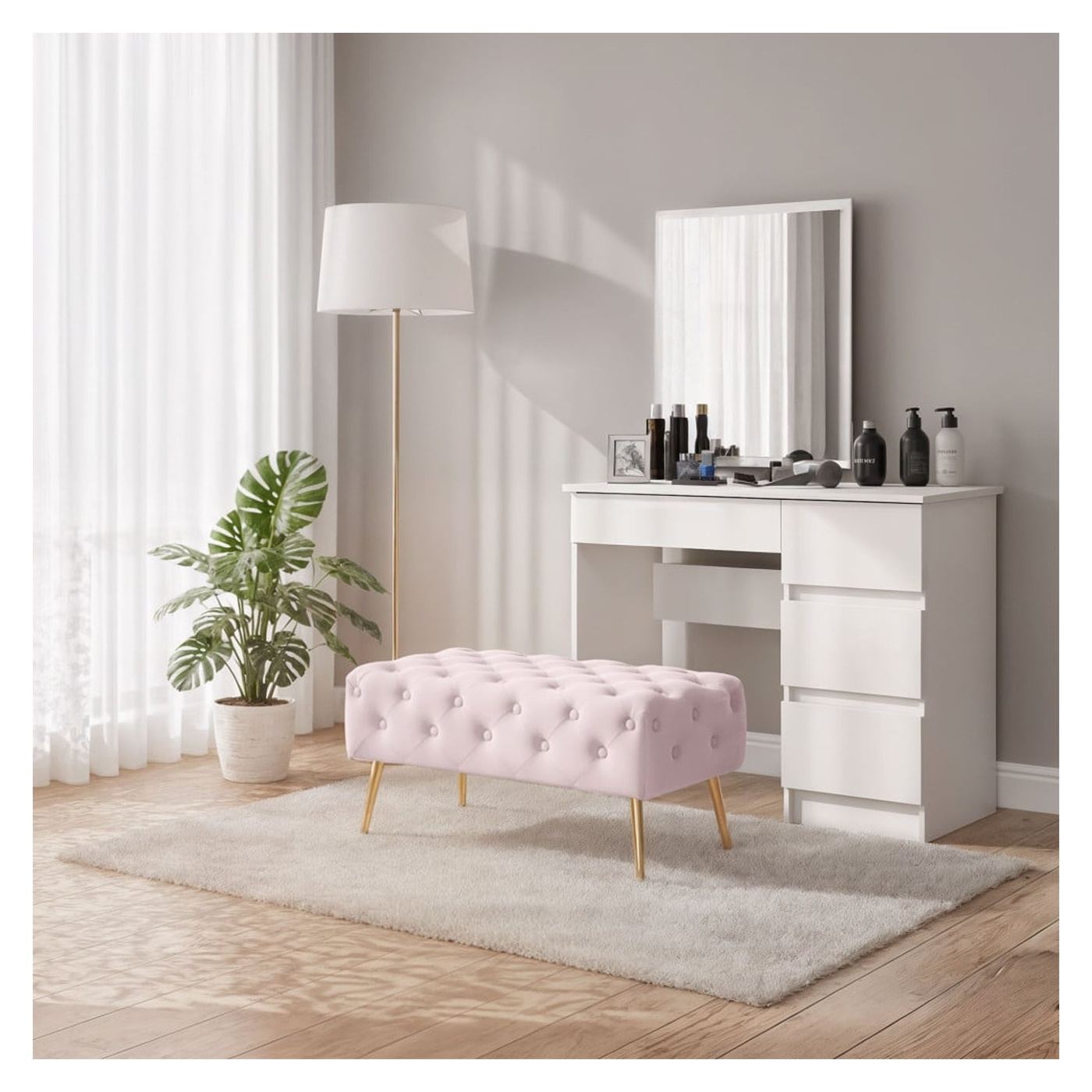 Табуретка Мадрид, кадифена тапицерия, тип пейка, с метални крака, 80x42x41 см, пудрово розово - 8
