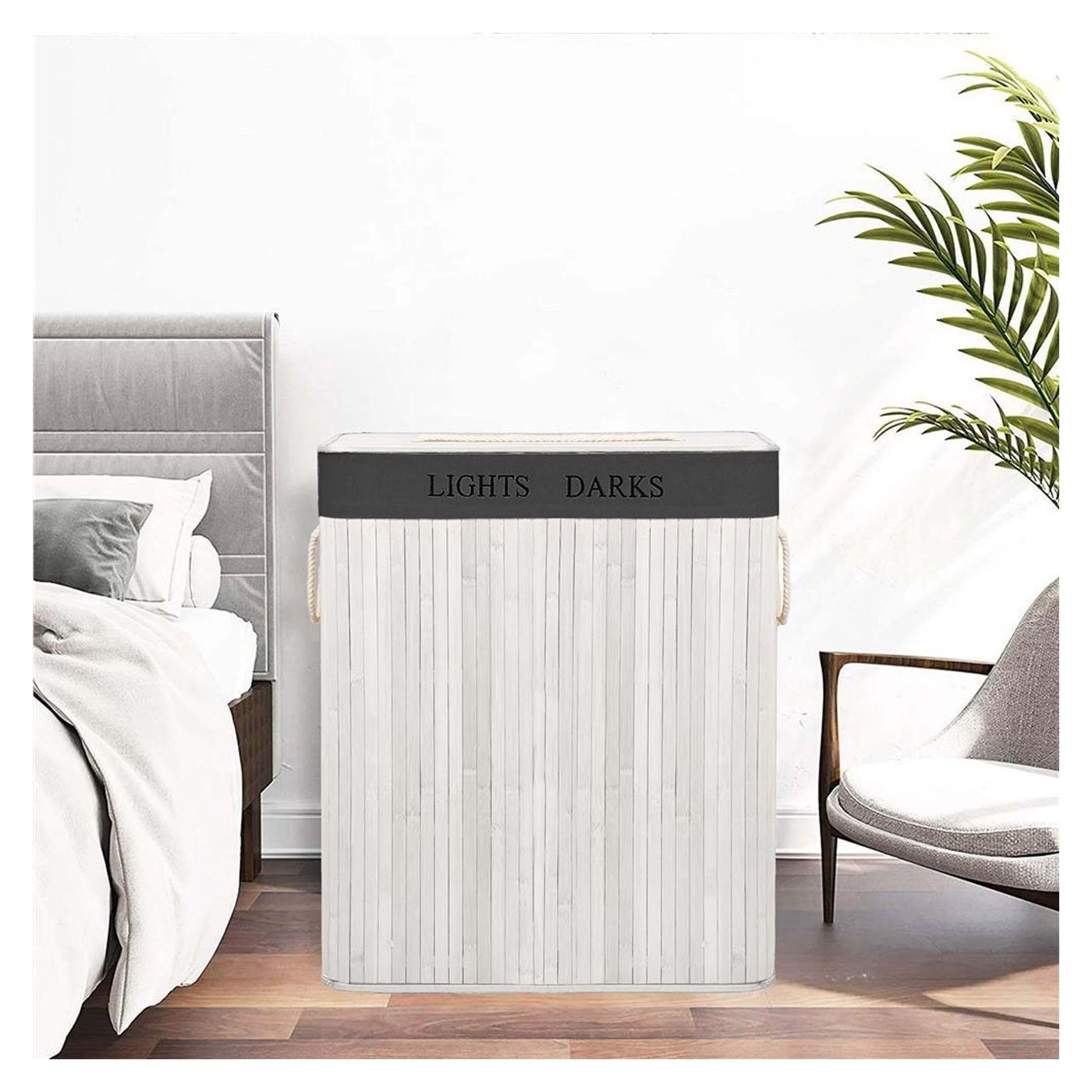 Сгъваема бамбукова кошница за пране с 2 отделения и сваляща се торба 105L, 63x52x33 см, Организация, Избеляло бяло Тъмно сиво - 22