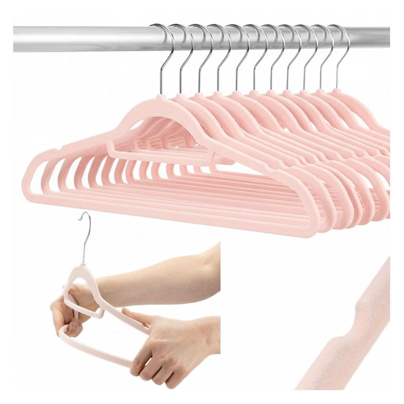 Комплект от 20 кадифени неплъзгащи се закачалки с кука, 45x23 см, елегантен дизайн, розови - 14