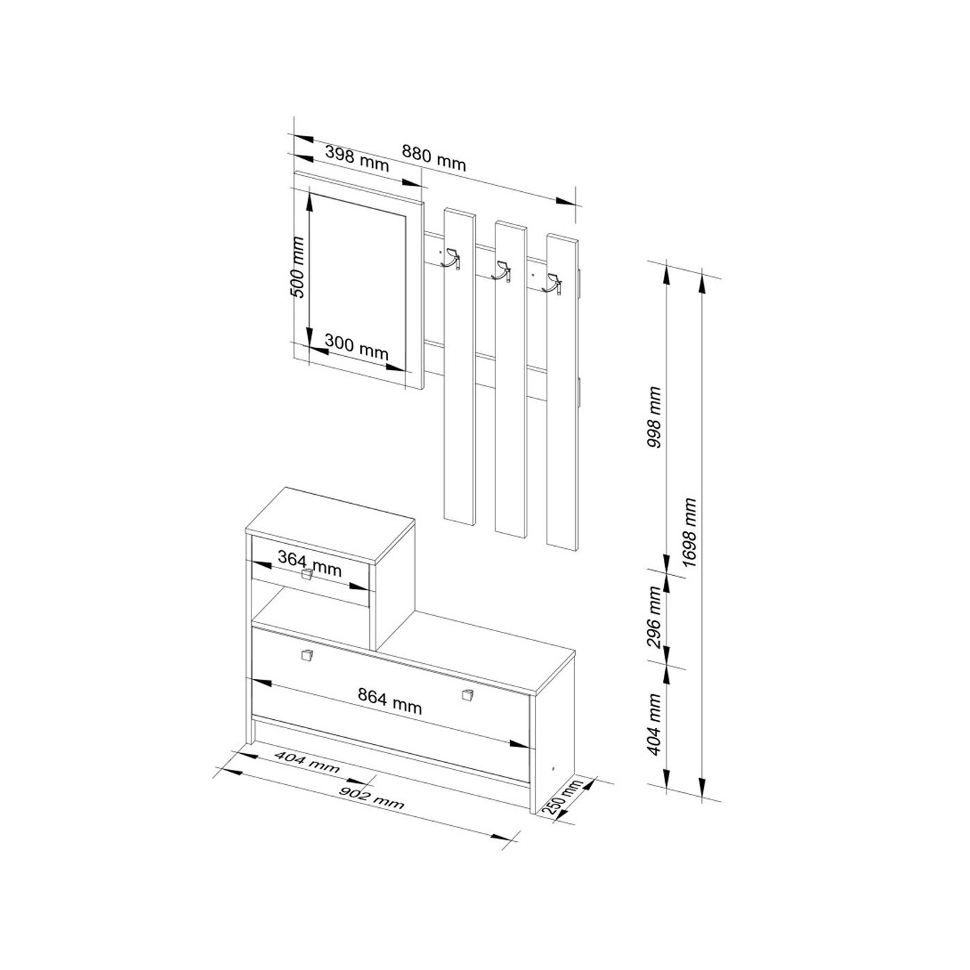 Мебелен комплект за антре, Гардероб с огледало и закачалка, 90x25x170 см, Пълна организация, Кафяв - 2