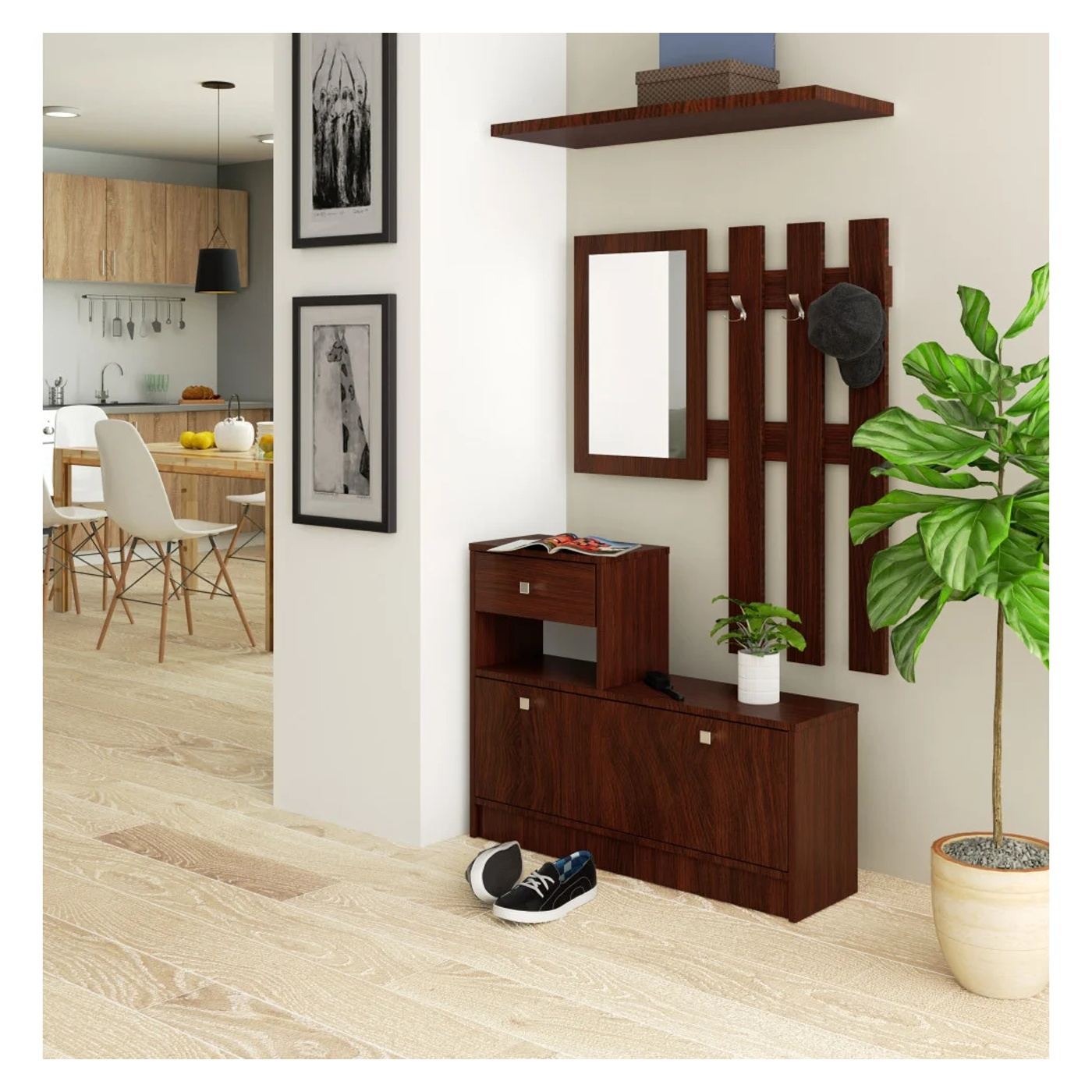 Мебелен комплект за антре, Гардероб с огледало и закачалка, 90x25x170 см, Пълна организация, Кафяв - 5