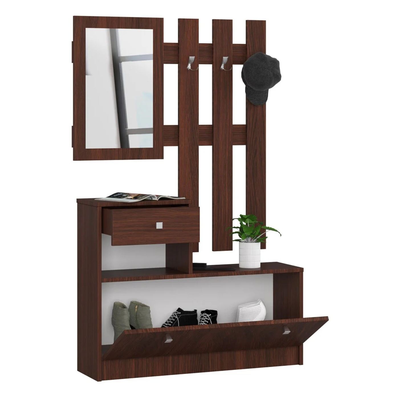Мебелен комплект за антре, Гардероб с огледало и закачалка, 90x25x170 см, Пълна организация, Кафяв - 6