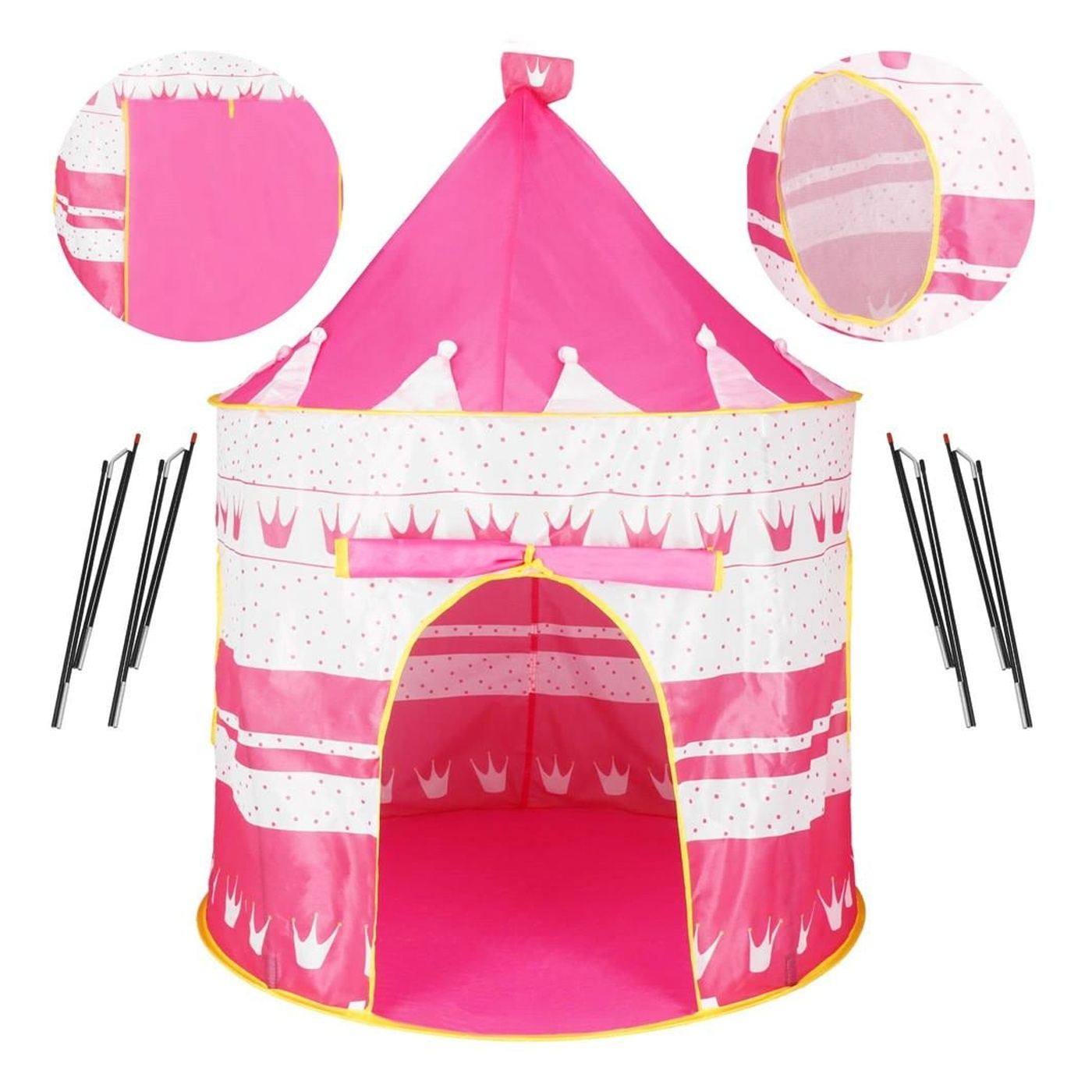 Сгъваема палатка за игра тип "pop-up" за деца с корони и точки, 100x140 см, за закрито и открито, розова - 2