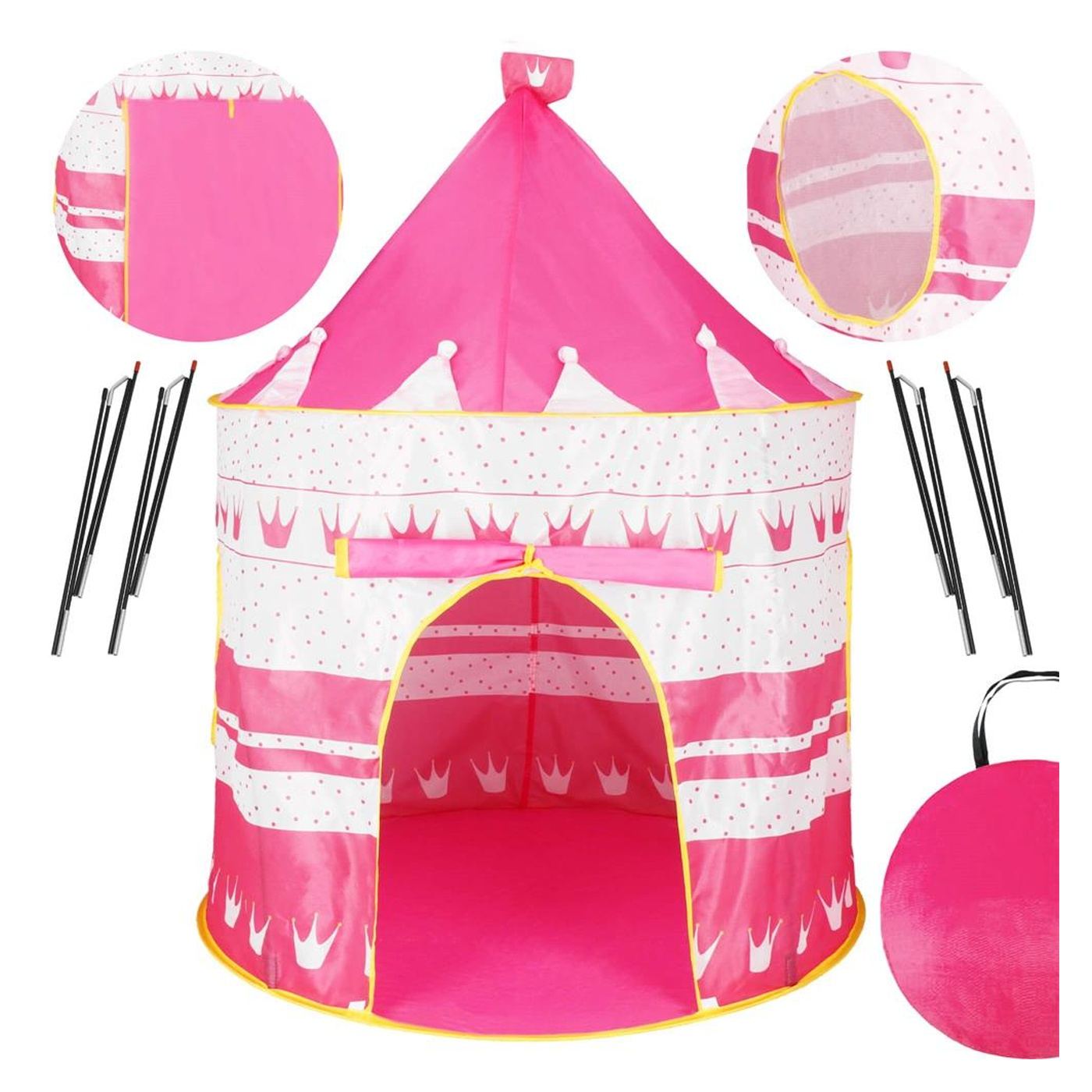 Сгъваема палатка за игра тип "pop-up" за деца с корони и точки, 100x140 см, за закрито и открито, розова - 3