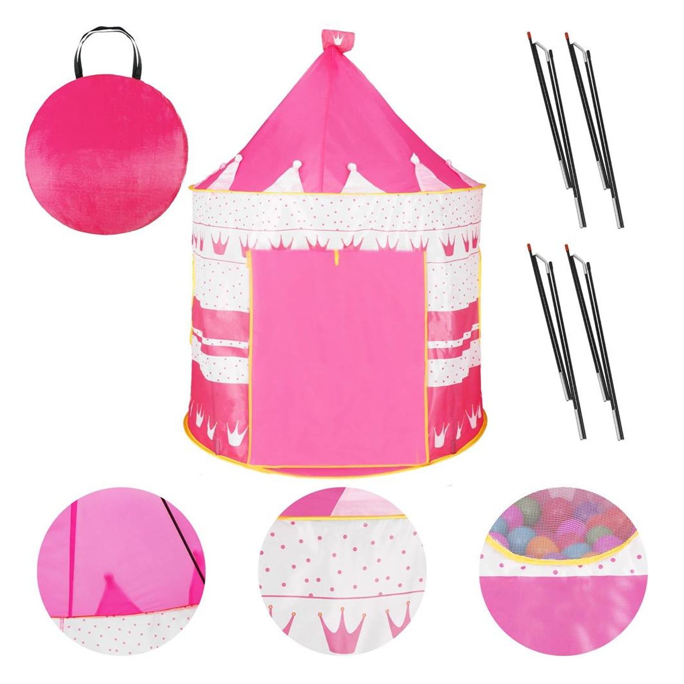 Сгъваема палатка за игра тип "pop-up" за деца с корони и точки, 100x140 см, за закрито и открито, розова - 4