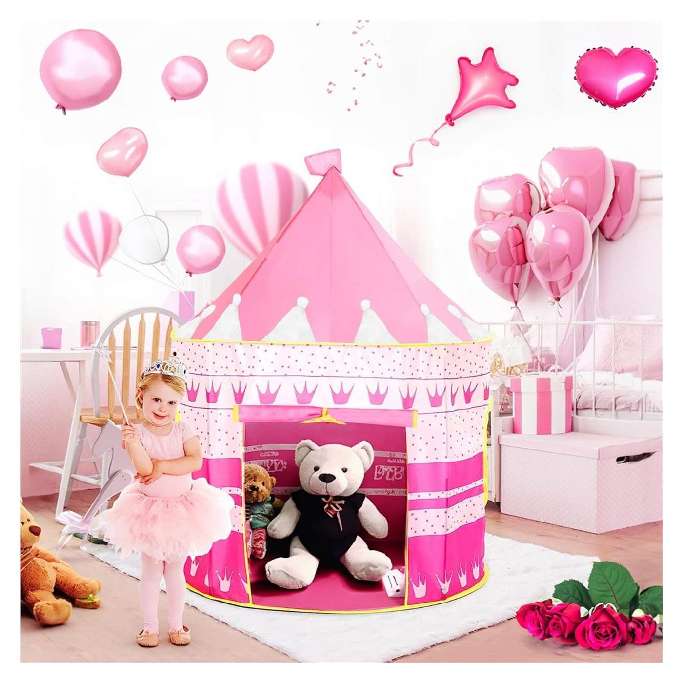 Сгъваема палатка за игра тип "pop-up" за деца с корони и точки, 100x140 см, за закрито и открито, розова - 6