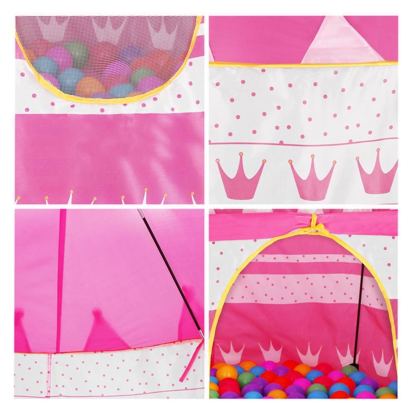 Сгъваема палатка за игра тип "pop-up" за деца с корони и точки, 100x140 см, за закрито и открито, розова - 13
