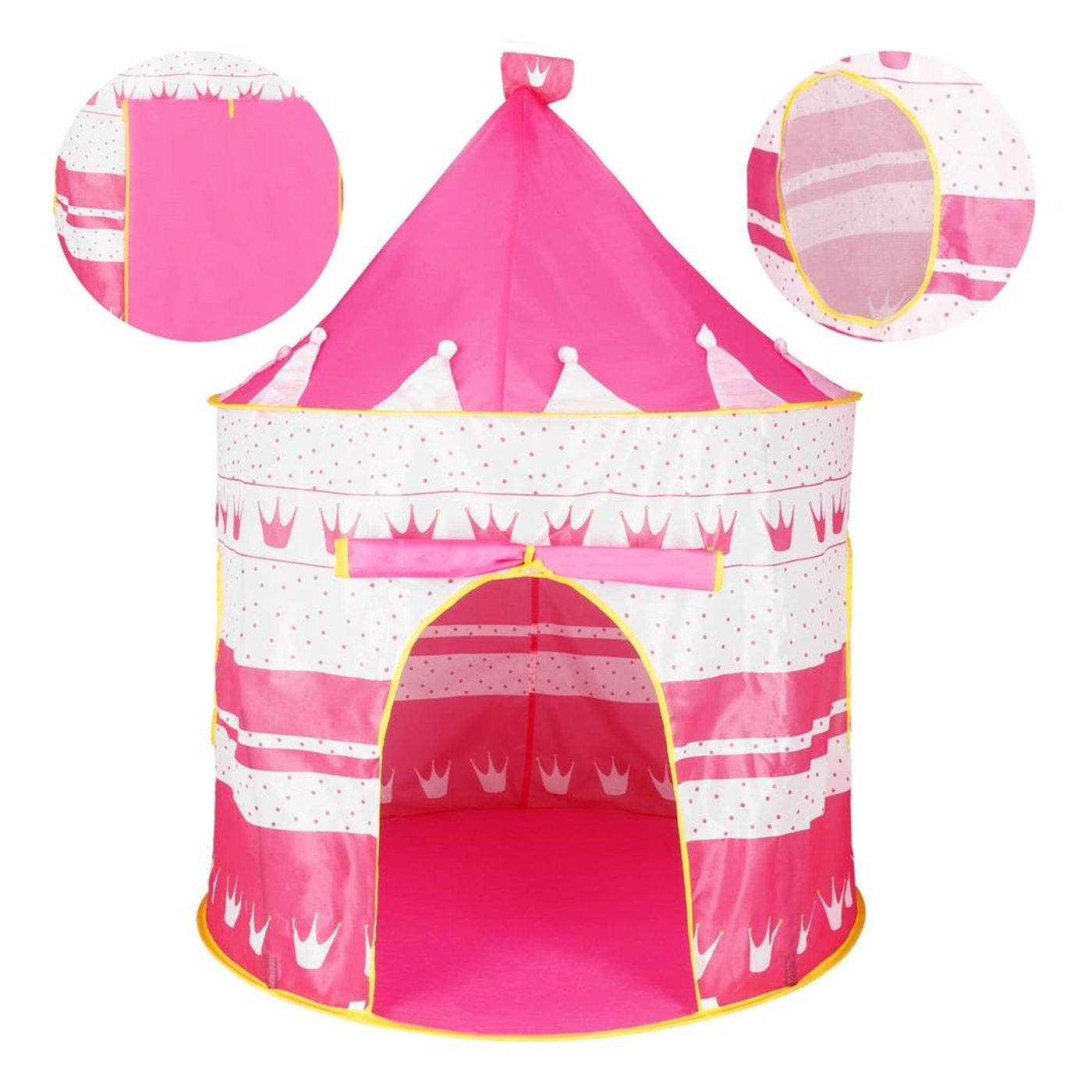 Сгъваема палатка за игра тип "pop-up" за деца с корони и точки, 100x140 см, за закрито и открито, розова - 16