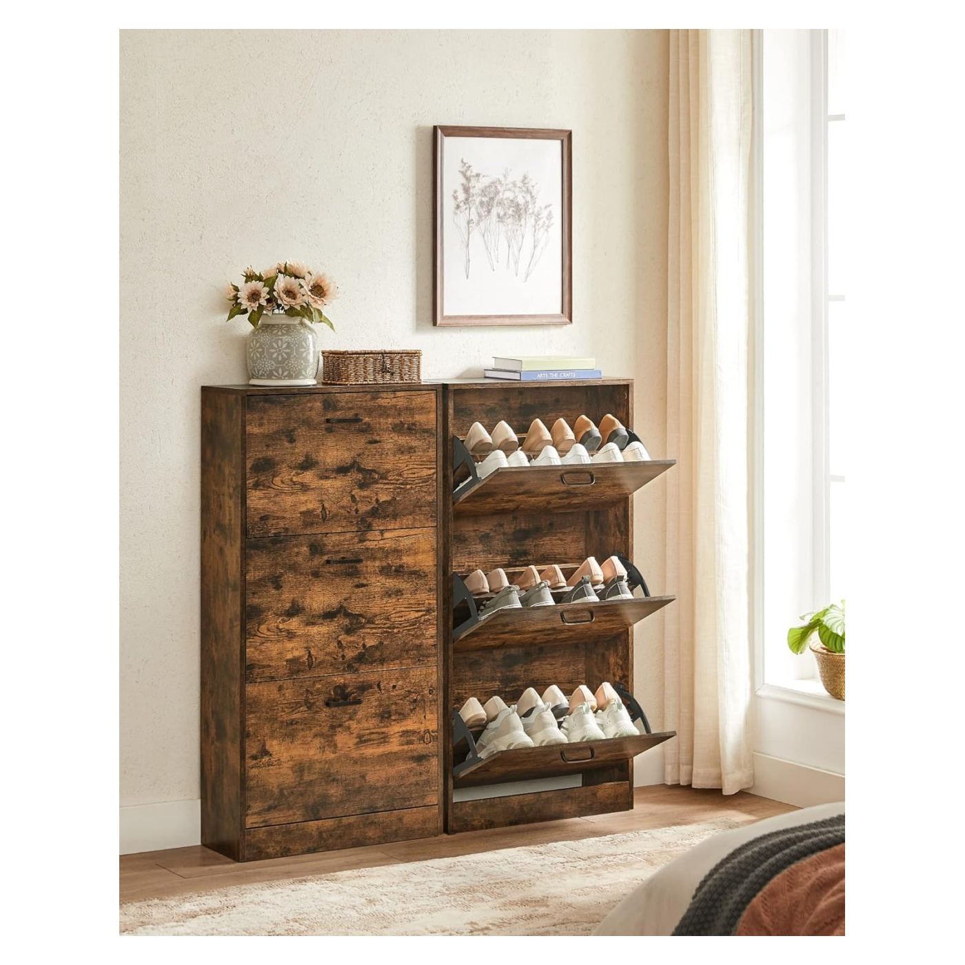 Шкаф за обувки с 3 падащи врати, дърво, 12-18 чифта, 60x24x120 см, рустик дизайн, кафяв - 2
