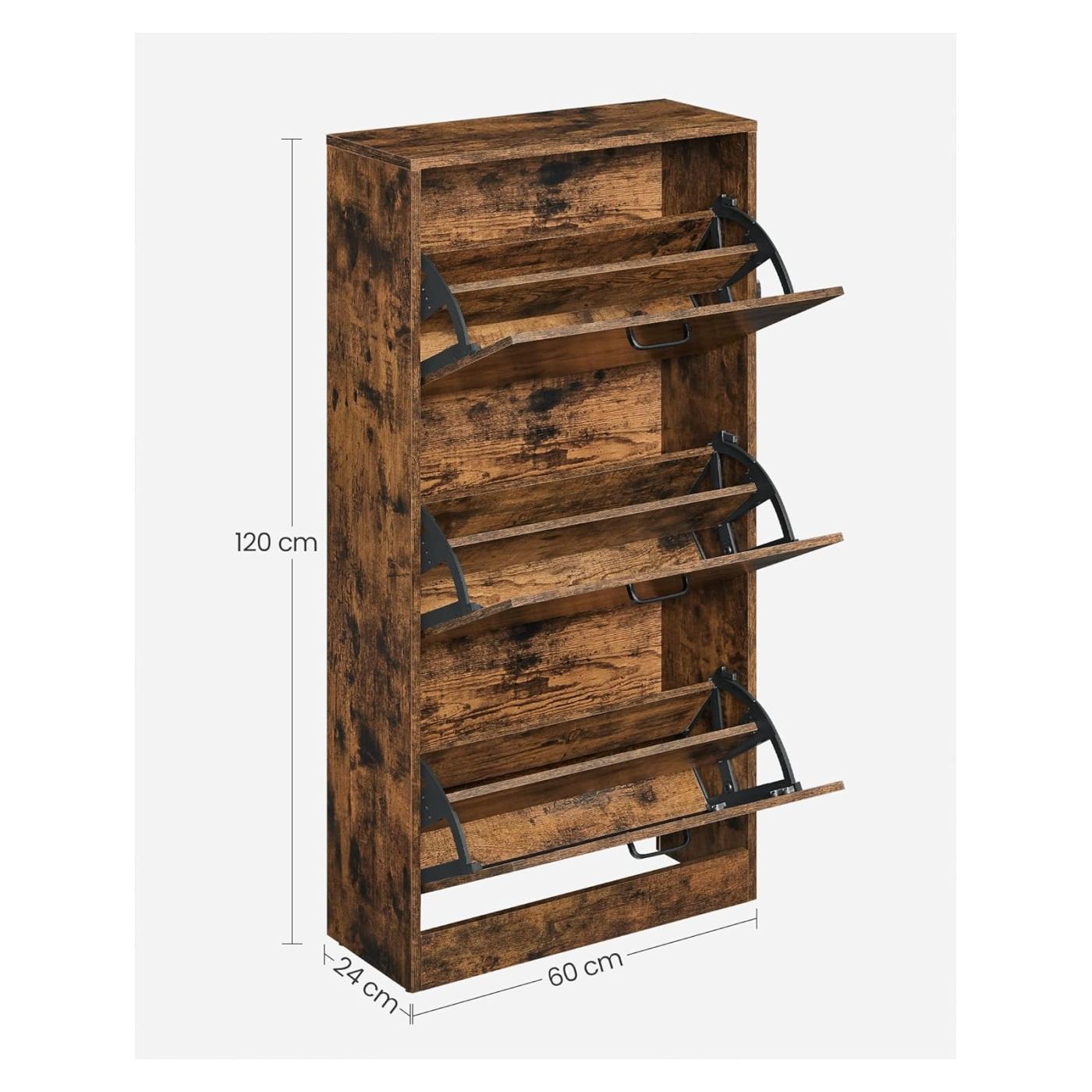 Шкаф за обувки с 3 падащи врати, дърво, 12-18 чифта, 60x24x120 см, рустик дизайн, кафяв - 4