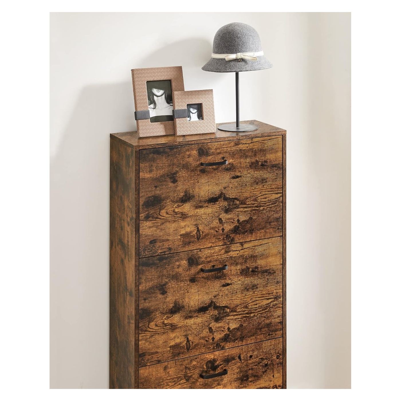 Шкаф за обувки с 3 падащи врати, дърво, 12-18 чифта, 60x24x120 см, рустик дизайн, кафяв - 7