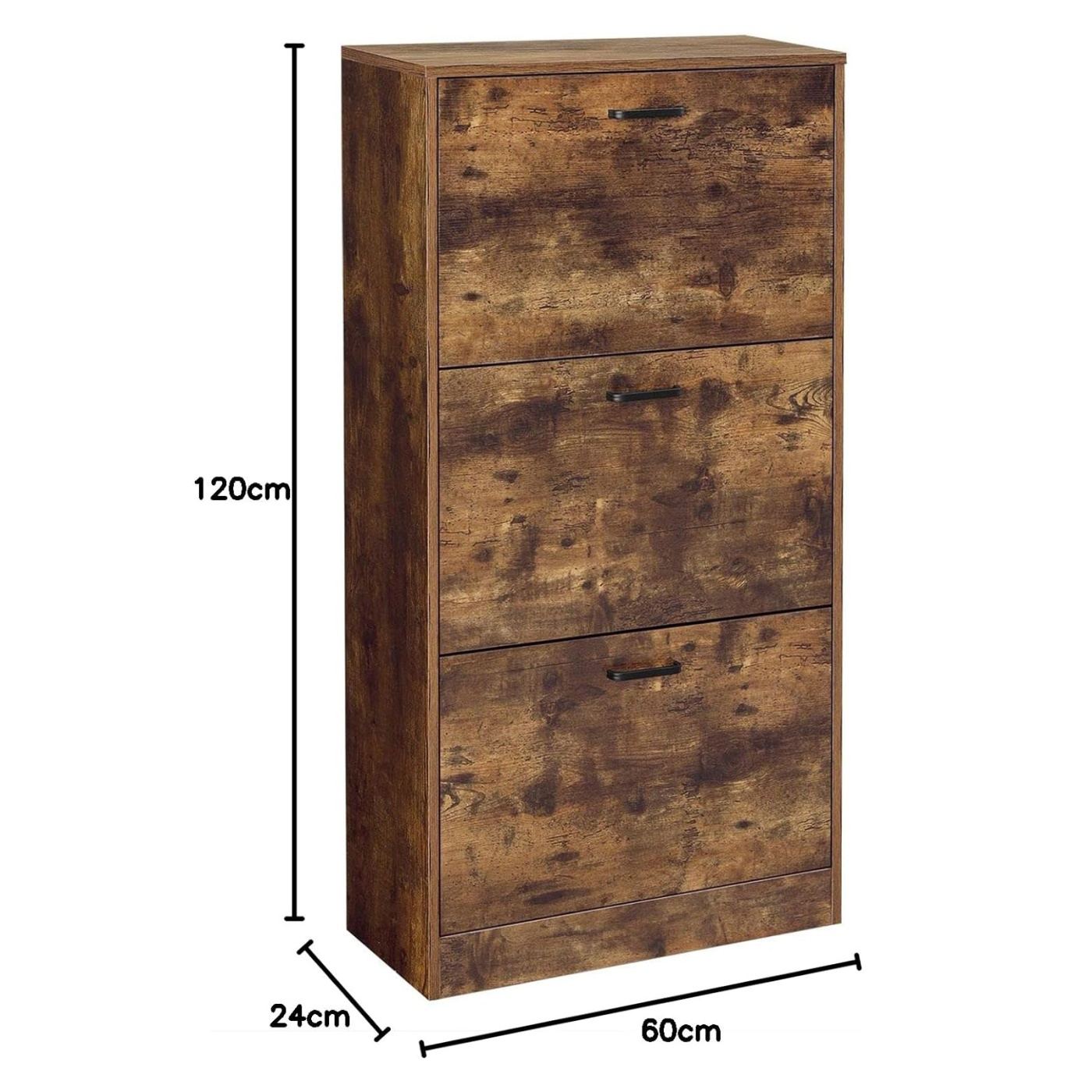 Шкаф за обувки с 3 падащи врати, дърво, 12-18 чифта, 60x24x120 см, рустик дизайн, кафяв - 9