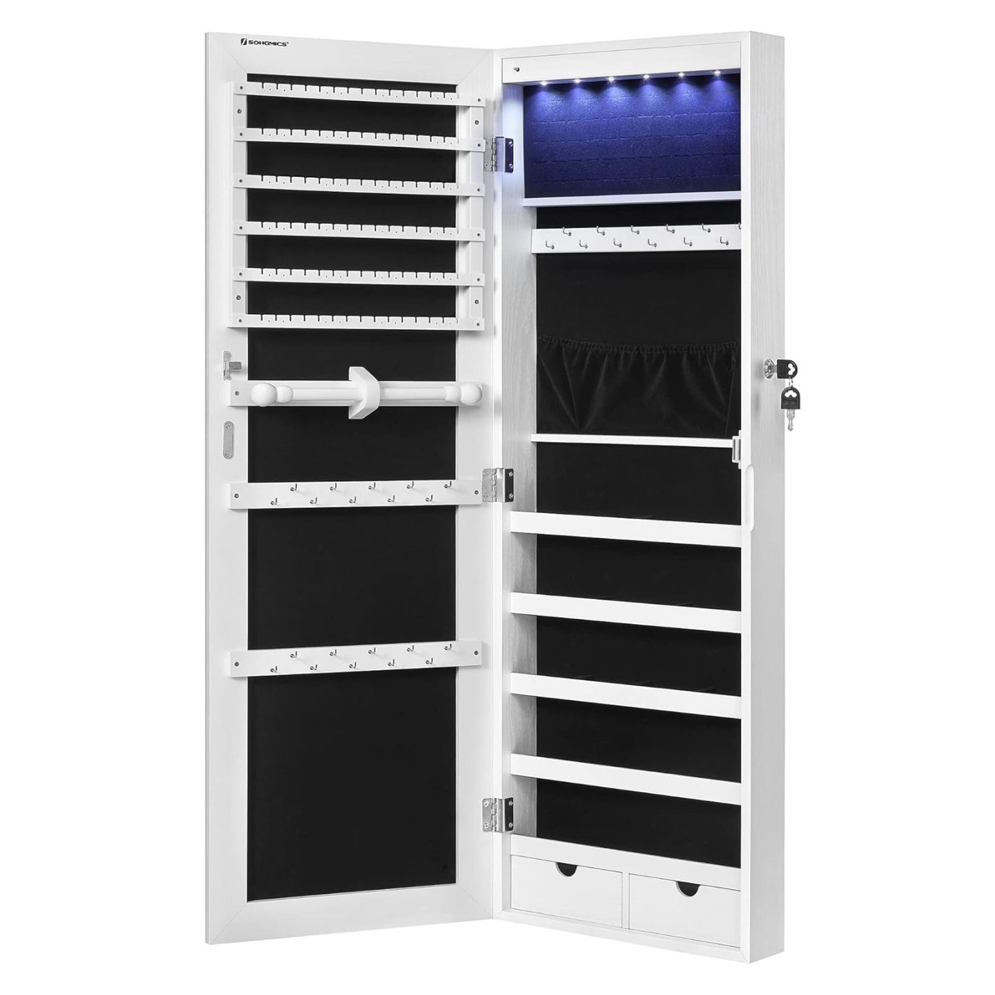 Стенен шкаф за бижута с огледало и LED светлини, 37x10x120см, бял - 2