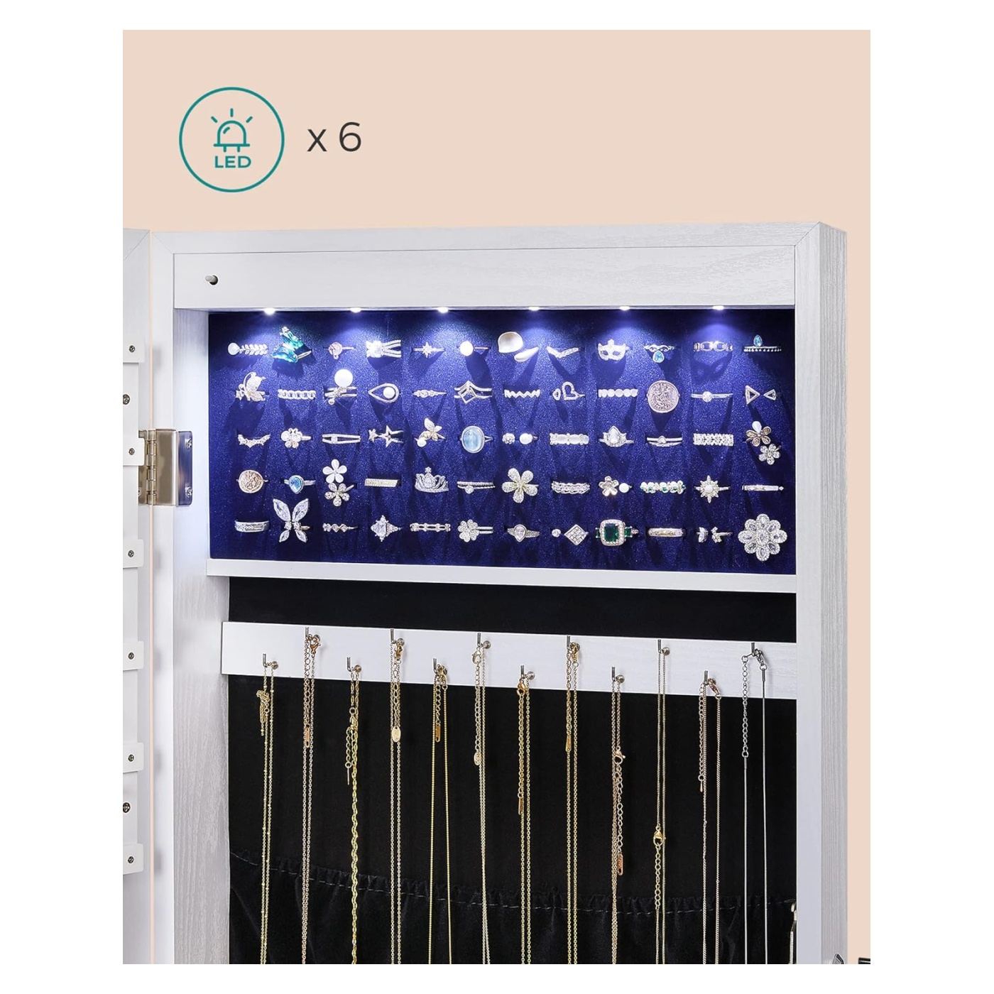 Стенен шкаф за бижута с огледало и LED светлини, 37x10x120см, бял - 4
