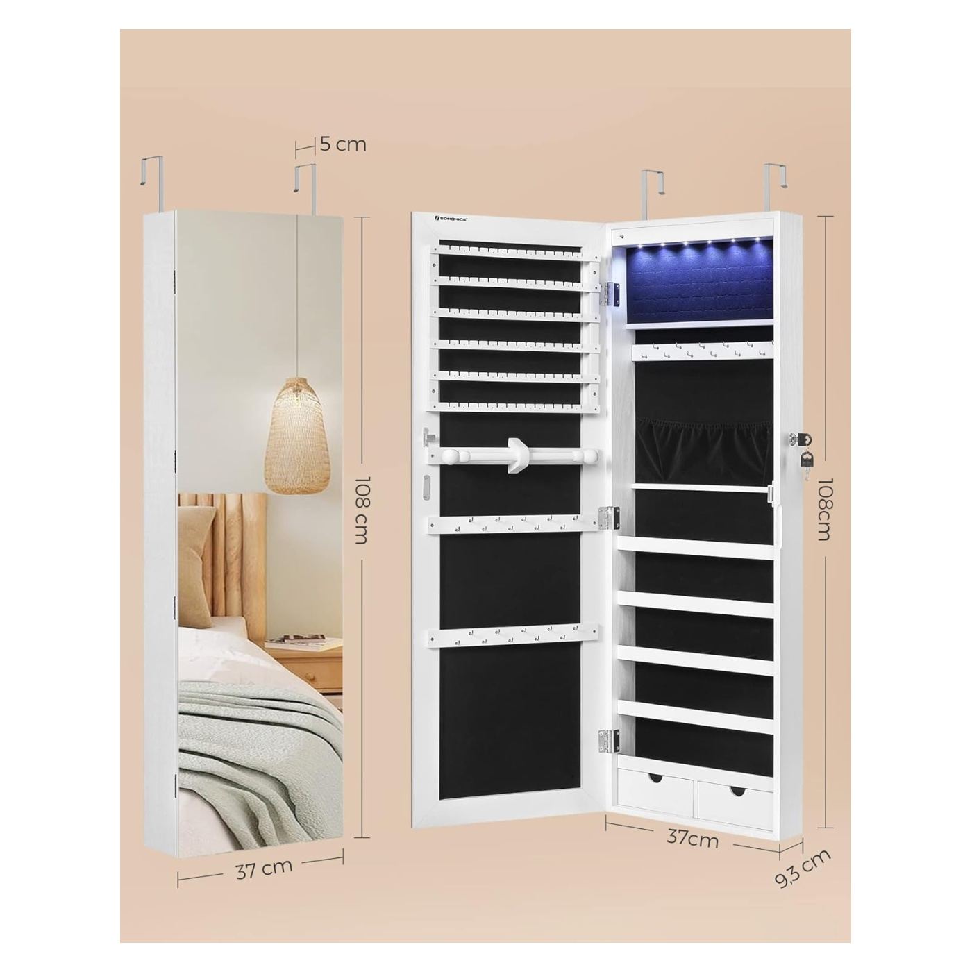 Стенен шкаф за бижута с огледало и LED светлини, 37x10x120см, бял - 7