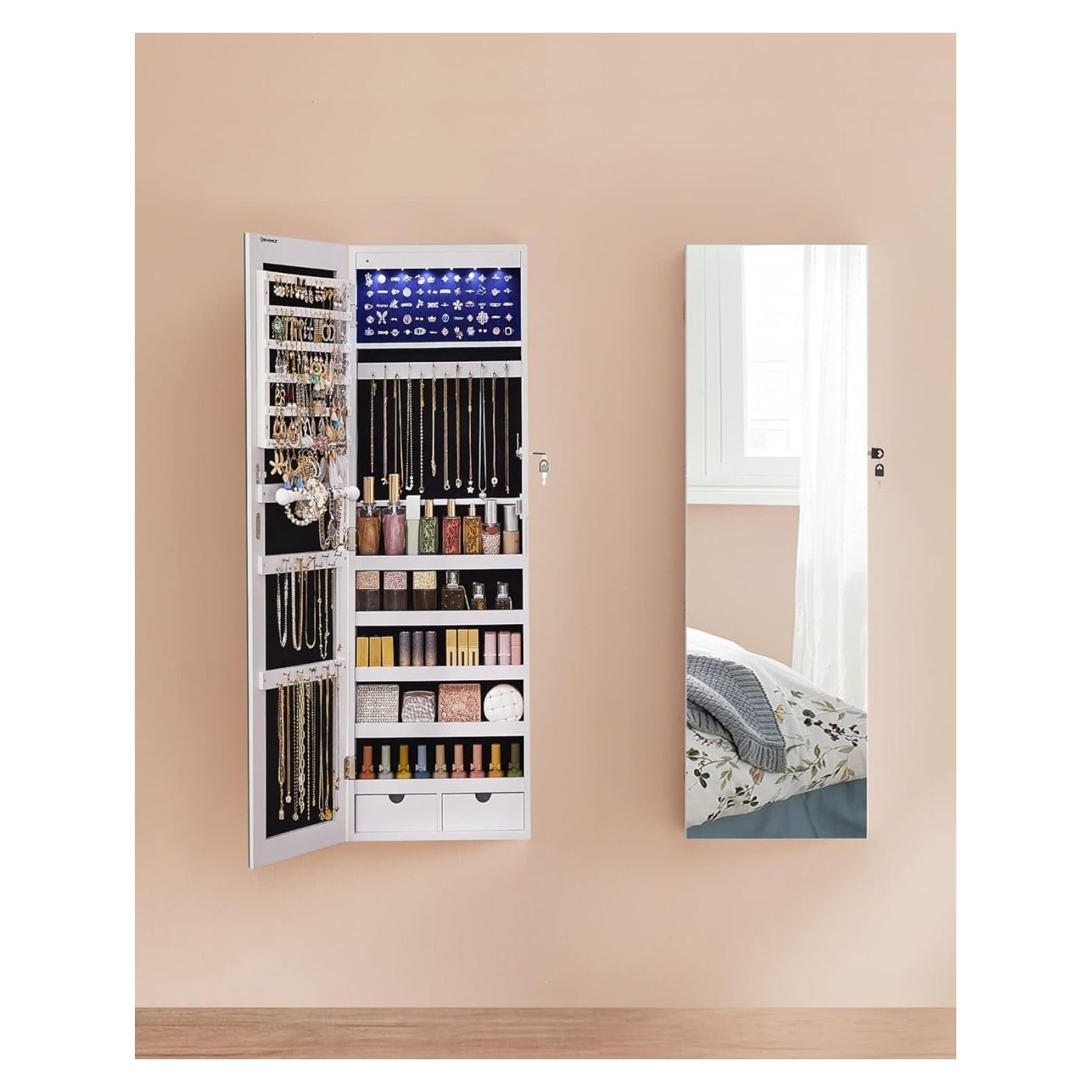 Стенен шкаф за бижута с огледало и LED светлини, 37x10x120см, бял - 8