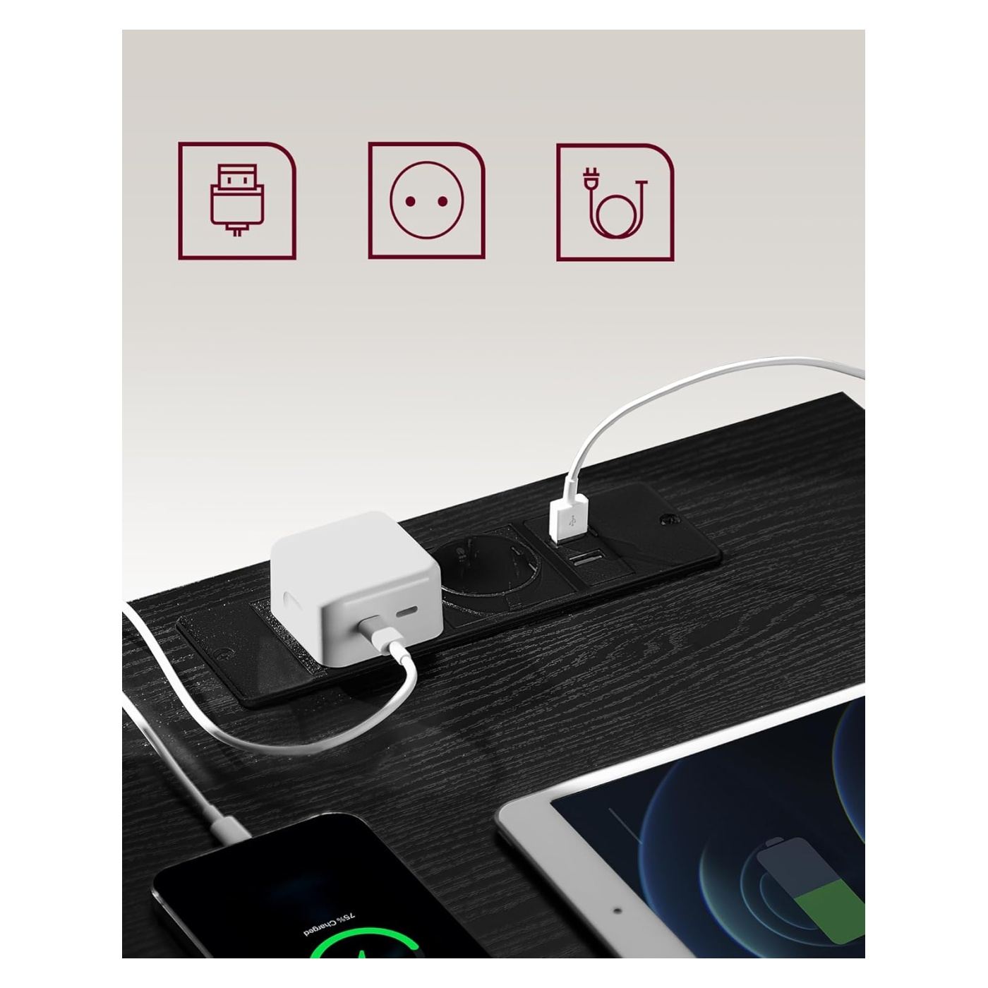 Комплект от 2 нощни шкафчета с 3 чекмеджета, интегрирани USB портове, 35x40x59 см, модерен дизайн, черен - 4