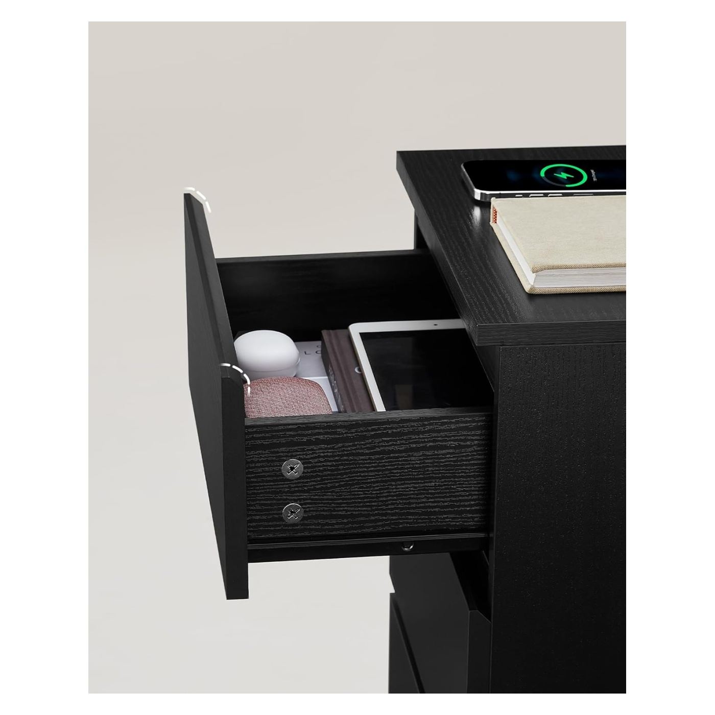 Комплект от 2 нощни шкафчета с 3 чекмеджета, интегрирани USB портове, 35x40x59 см, модерен дизайн, черен - 6