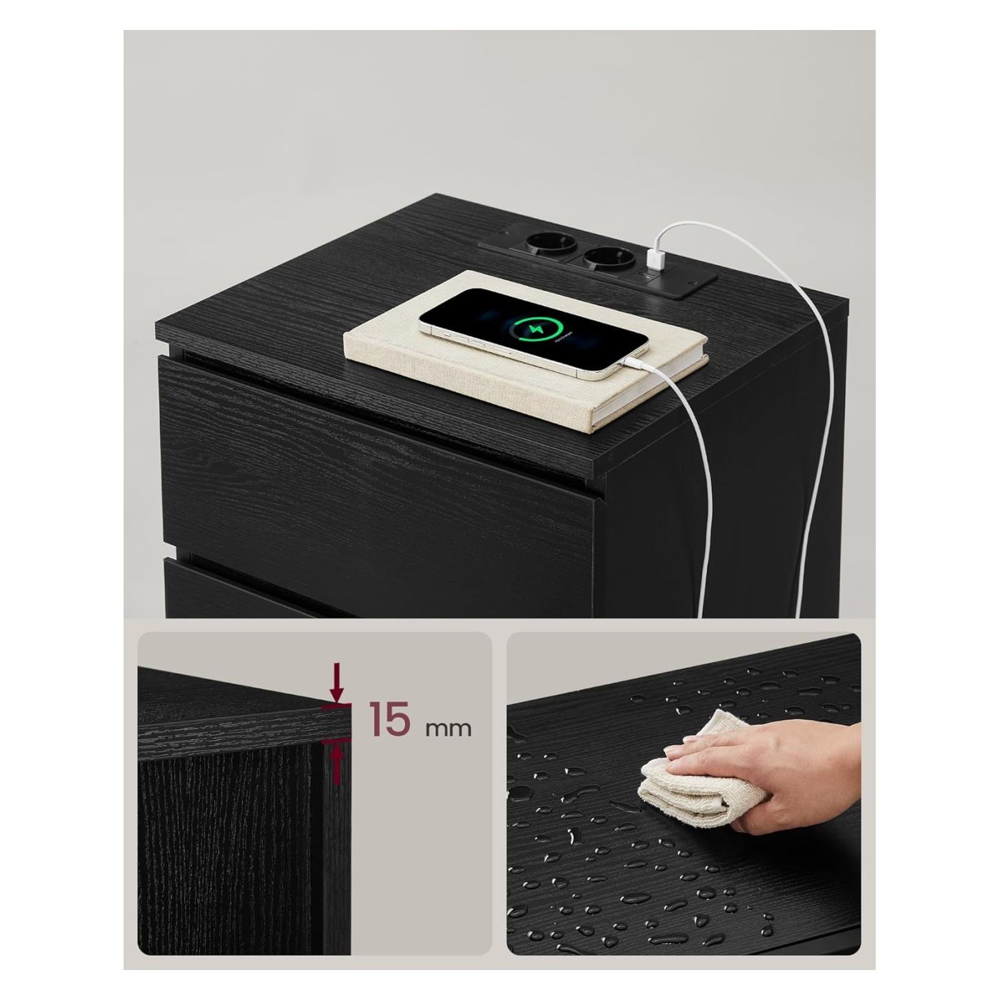 Комплект от 2 нощни шкафчета с 3 чекмеджета, интегрирани USB портове, 35x40x59 см, модерен дизайн, черен - 7
