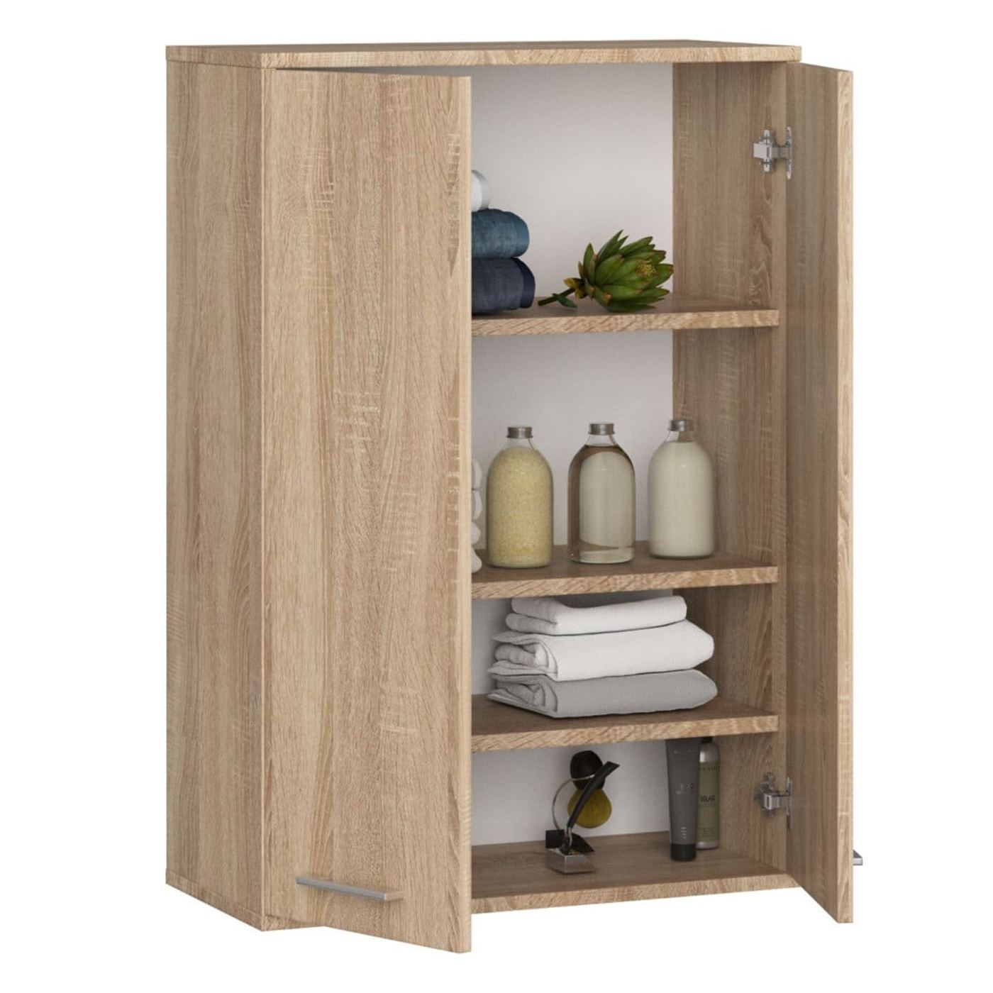 Стенен шкаф за баня, ПДЧ, 2 врати, 4 рафта, 64x30x94 см, ефективна организация, дъб сонома - 2