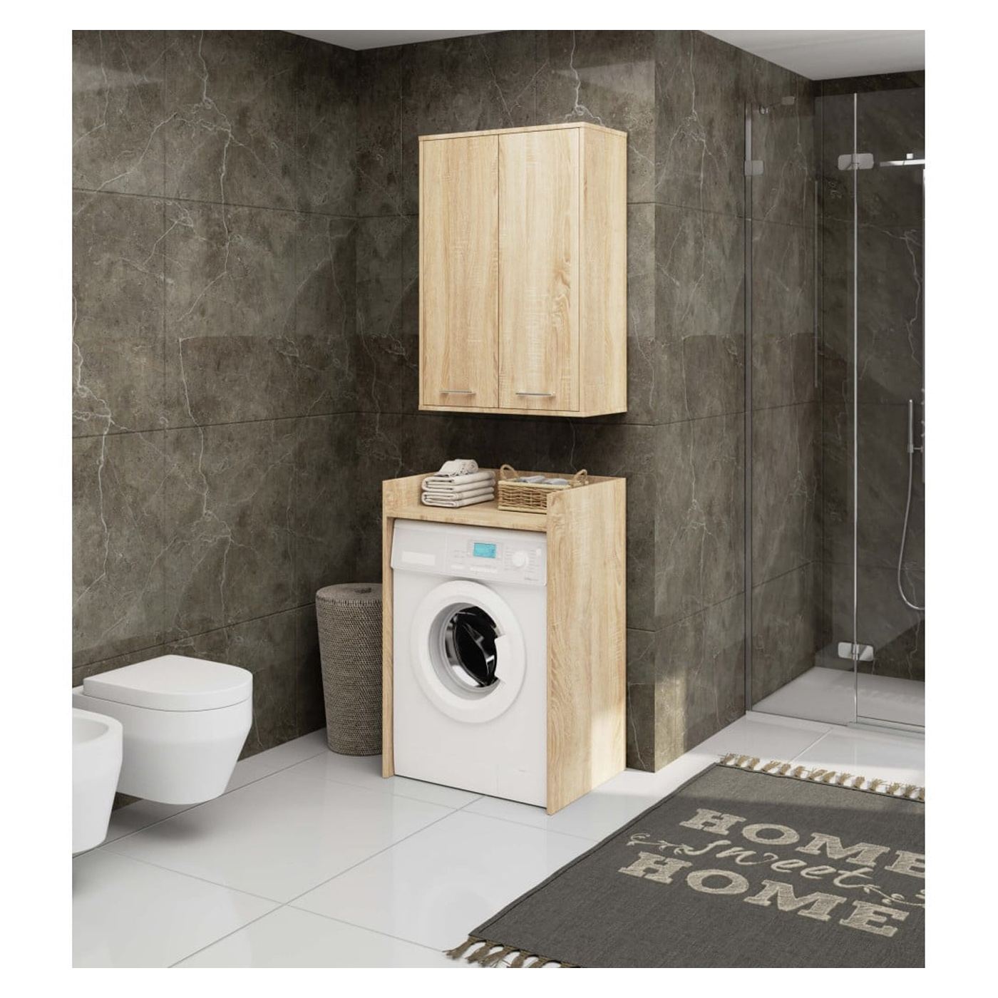 Стенен шкаф за баня, ПДЧ, 2 врати, 4 рафта, 64x30x94 см, ефективна организация, дъб сонома - 5