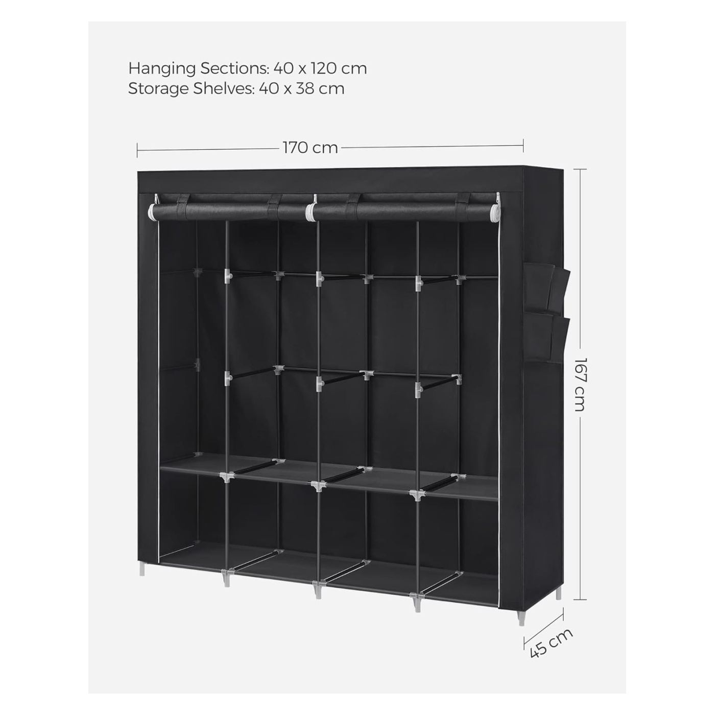 Текстилен гардероб с рафтове и лост за закачалки, 170x45x167 см, Голямо пространство за съхранение, Черен - 6