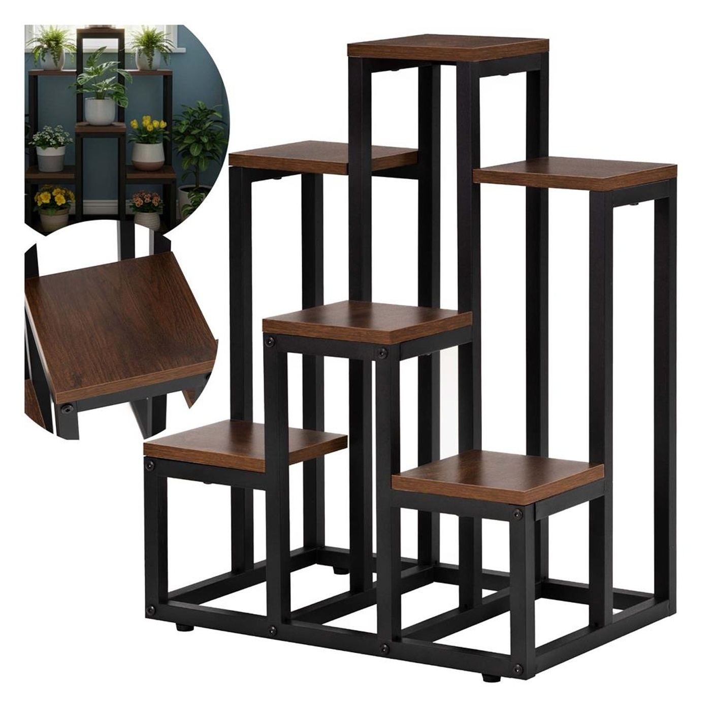 Поставка за цветя с 6 рафта, дървена и метална конструкция, компактна, 51x34x68 см, регулируеми крачета, черна - 4