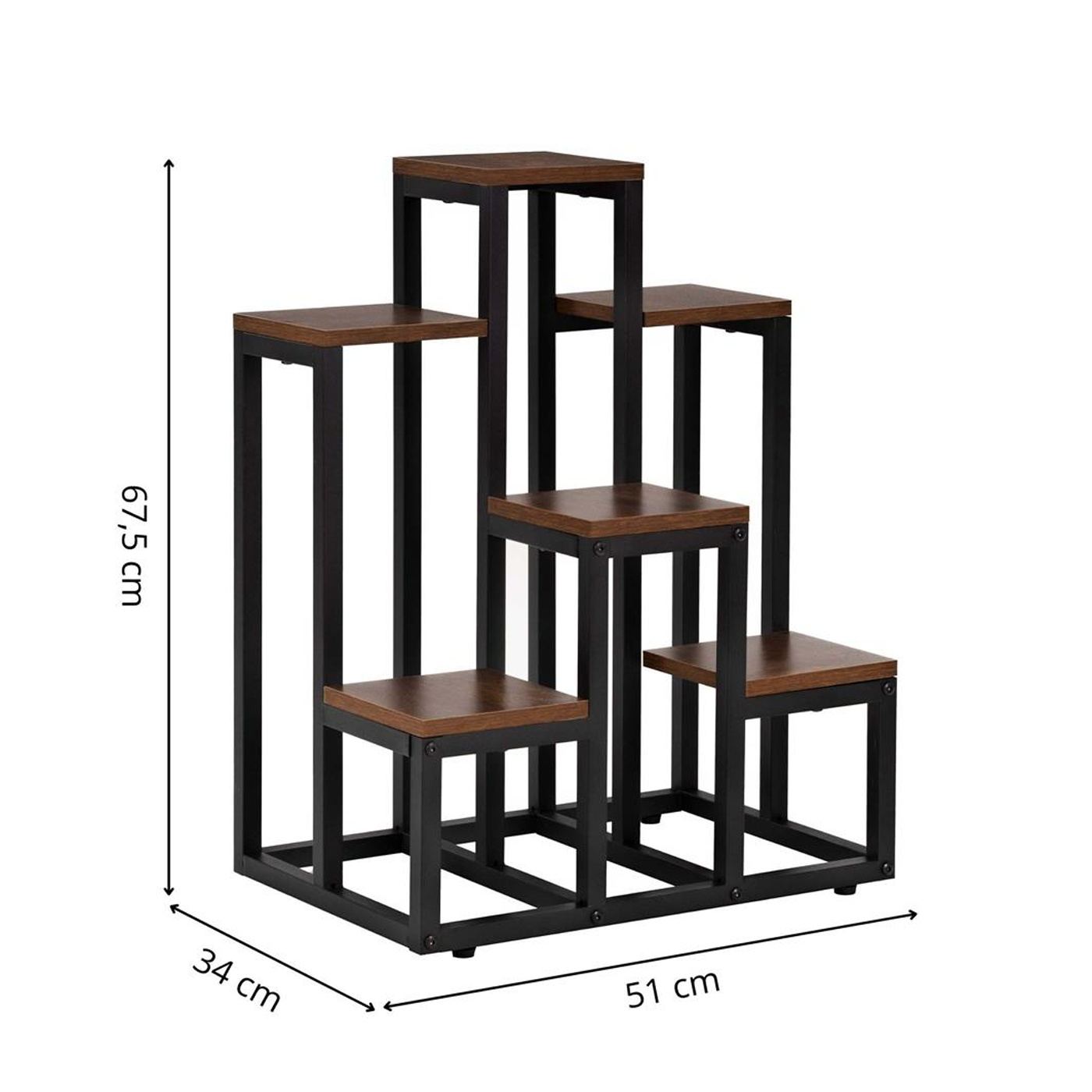 Поставка за цветя с 6 рафта, дървена и метална конструкция, компактна, 51x34x68 см, регулируеми крачета, черна - 12