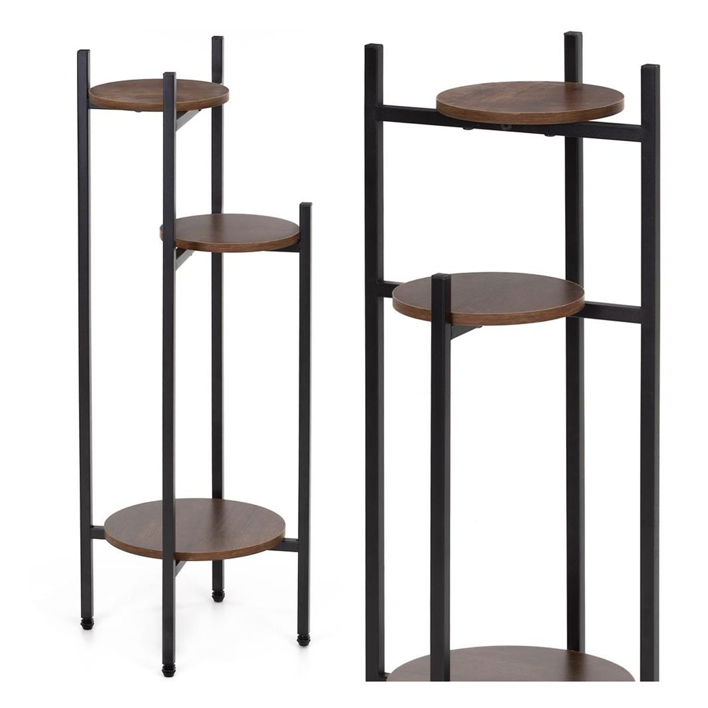 Кръгла поставка за цветя с 3 рафта, метална конструкция, MDF, 32x32x81 см, вертикална организация, черна - 3