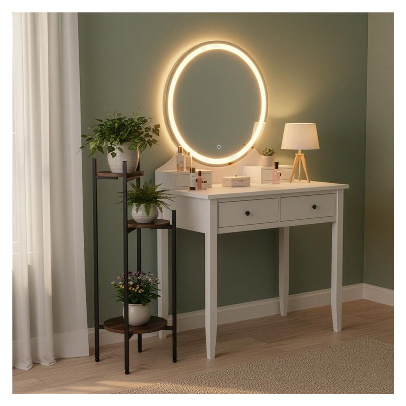 Кръгла поставка за цветя с 3 рафта, метална конструкция, MDF, 32x32x81 см, вертикална организация, черна - 5
