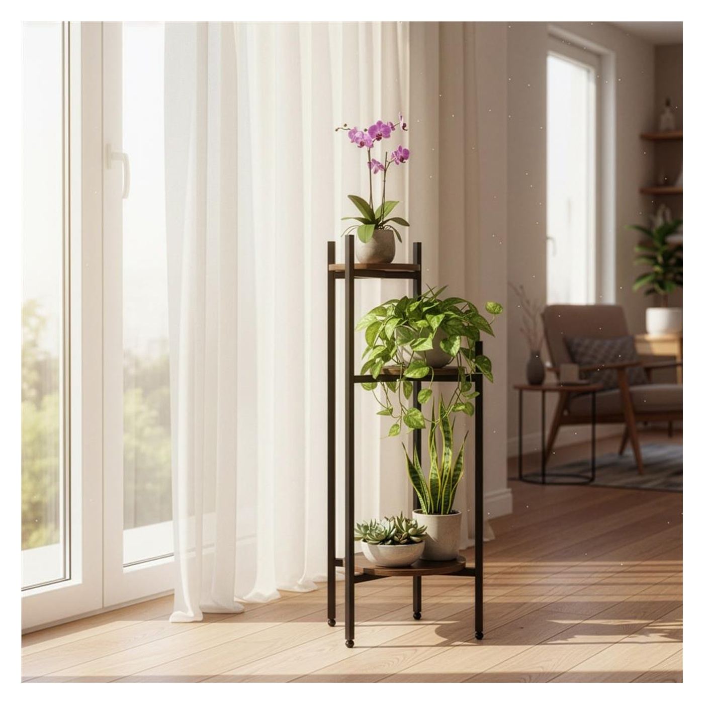 Кръгла поставка за цветя с 3 рафта, метална конструкция, MDF, 32x32x81 см, вертикална организация, черна - 6