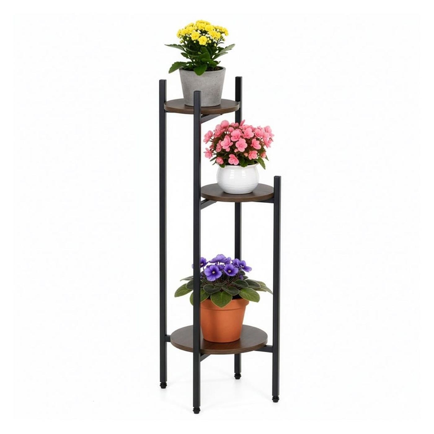 Кръгла поставка за цветя с 3 рафта, метална конструкция, MDF, 32x32x81 см, вертикална организация, черна - 8