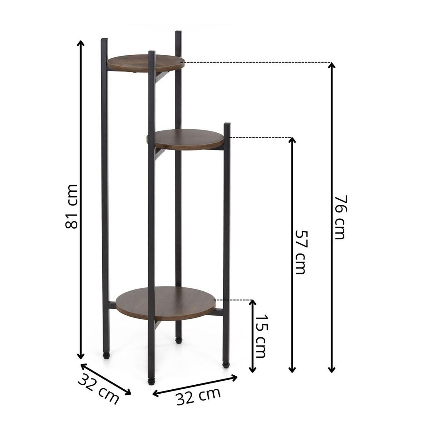 Кръгла поставка за цветя с 3 рафта, метална конструкция, MDF, 32x32x81 см, вертикална организация, черна - 14