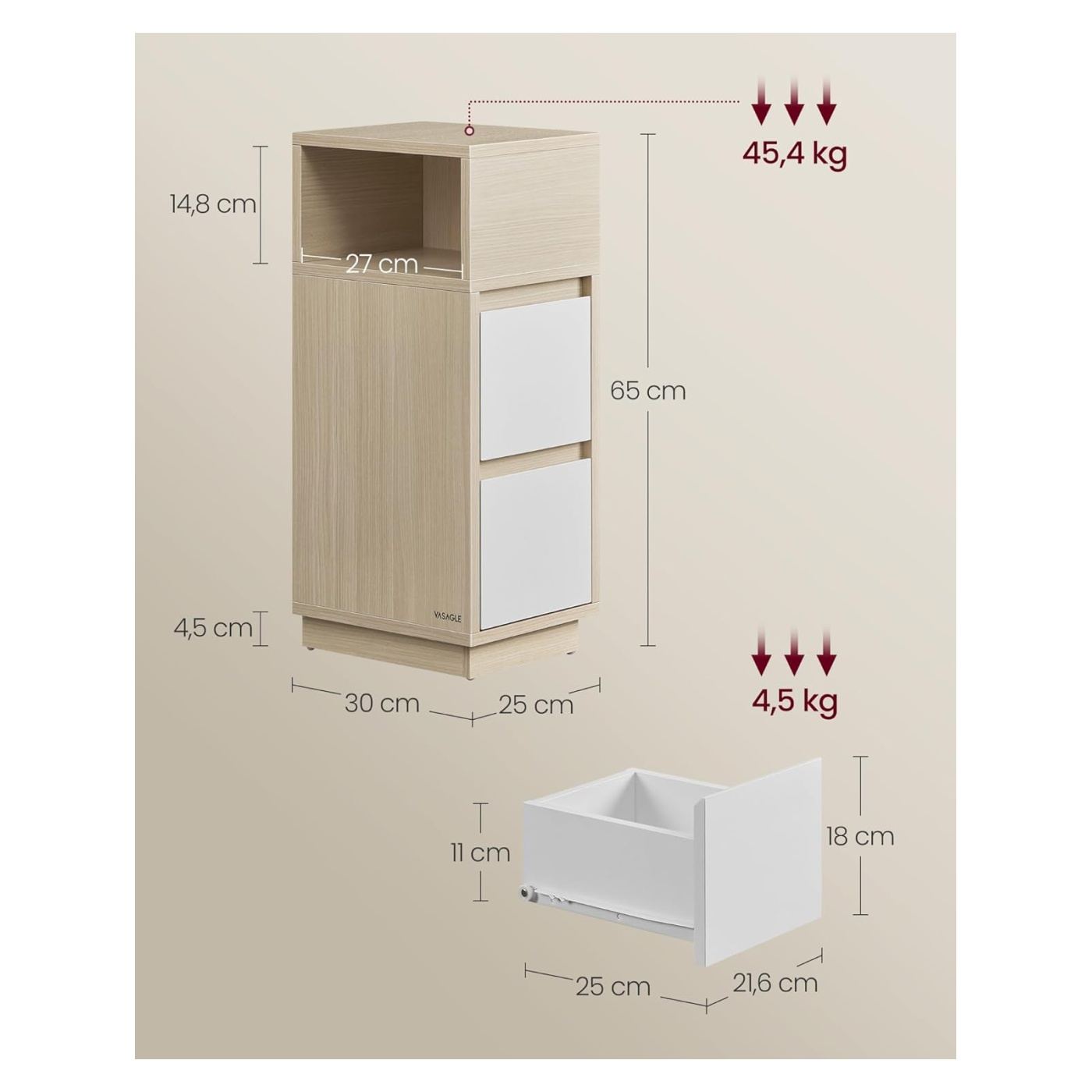 Тесен нощно шкафче 2 чекмеджета ляв десен монтаж компактен, 30x25x65 см, модерен дизайн, бежово бяло - 3