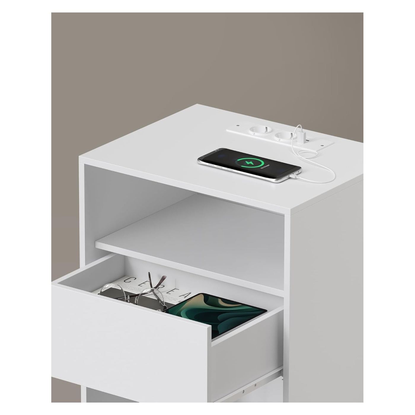 Нощно шкафче с чекмедже и станция за зареждане, 2 контакта, 2 USB порта, 45x35x58 см, бяло - 4