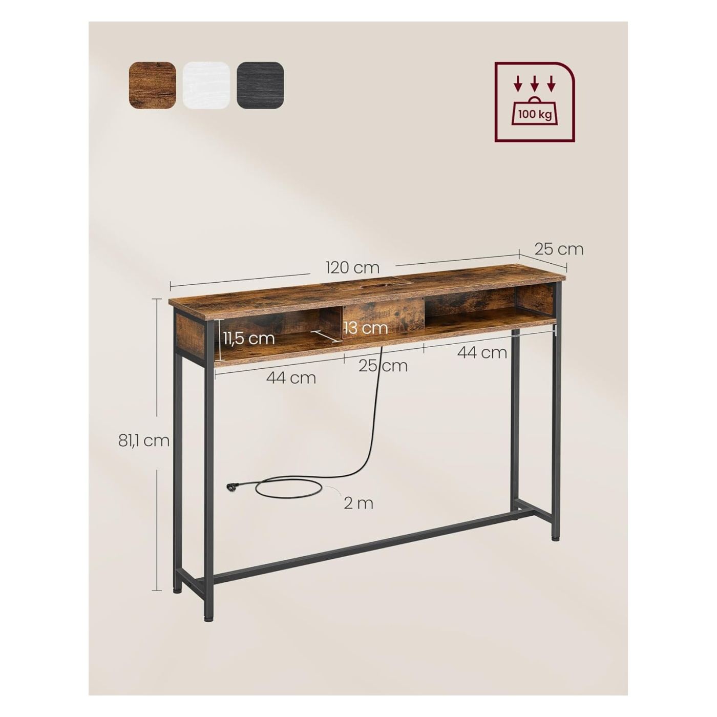 Тясна конзолна маса с 2 контакта и 2 USB порта, 120x25x81 см, рустик кафяво - 2