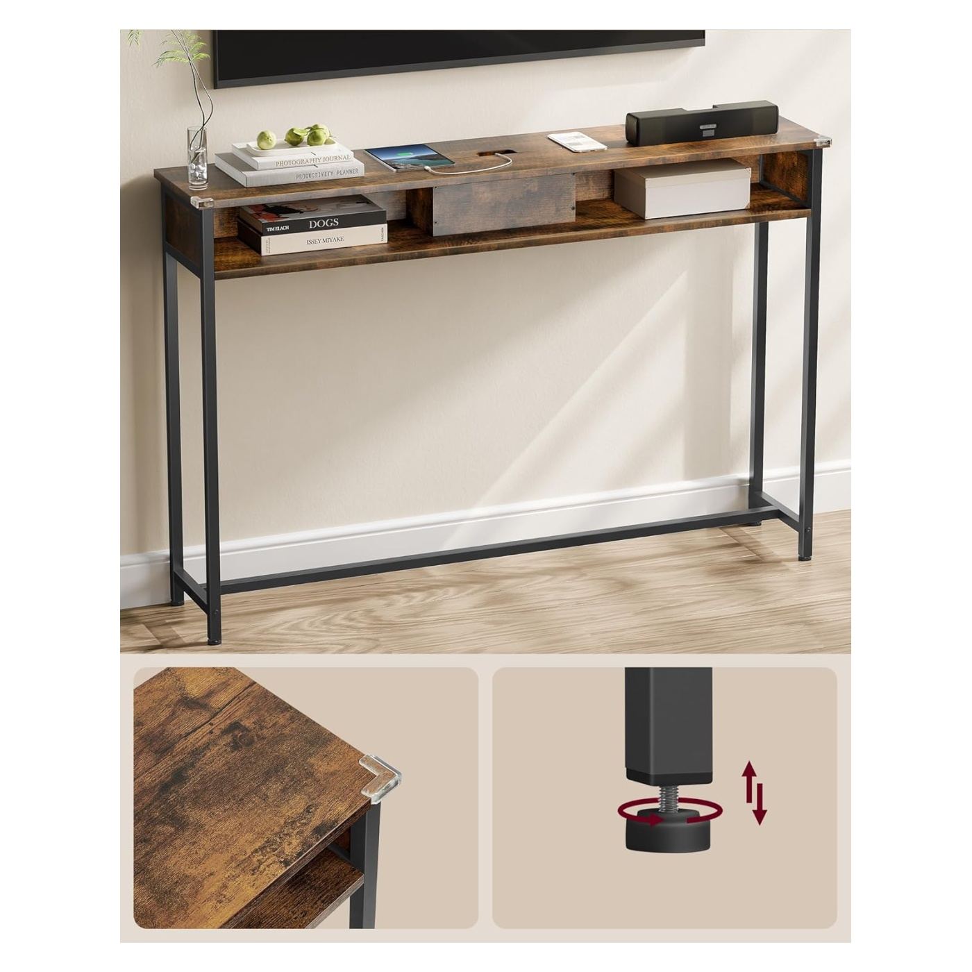 Тясна конзолна маса с 2 контакта и 2 USB порта, 120x25x81 см, рустик кафяво - 5