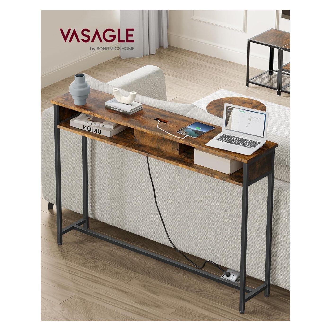 Тясна конзолна маса с 2 контакта и 2 USB порта, 120x25x81 см, рустик кафяво - 7