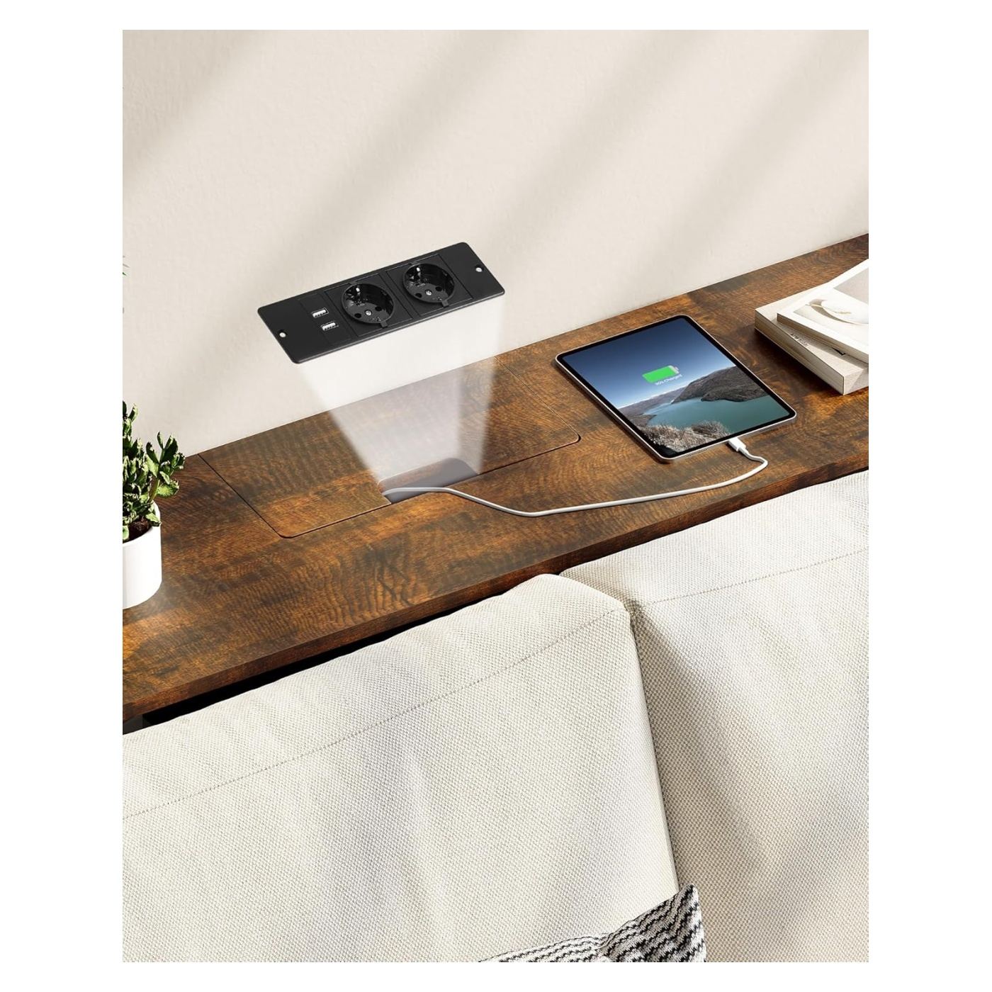 Тясна конзолна маса с 2 контакта и 2 USB порта, 120x25x81 см, рустик кафяво - 8