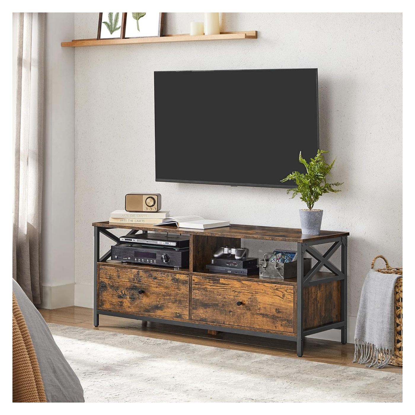 Индустриална ТВ поставка с 2 чекмеджета и 2 рафта, метална рамка, 120x40x50 см, рустик дизайн, кафяв - 5