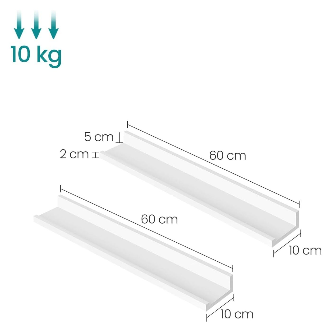 Комплект от 2 плаващи стенни рафта, гланцово покритие, MDF, 60x10x5 см, бял - 3