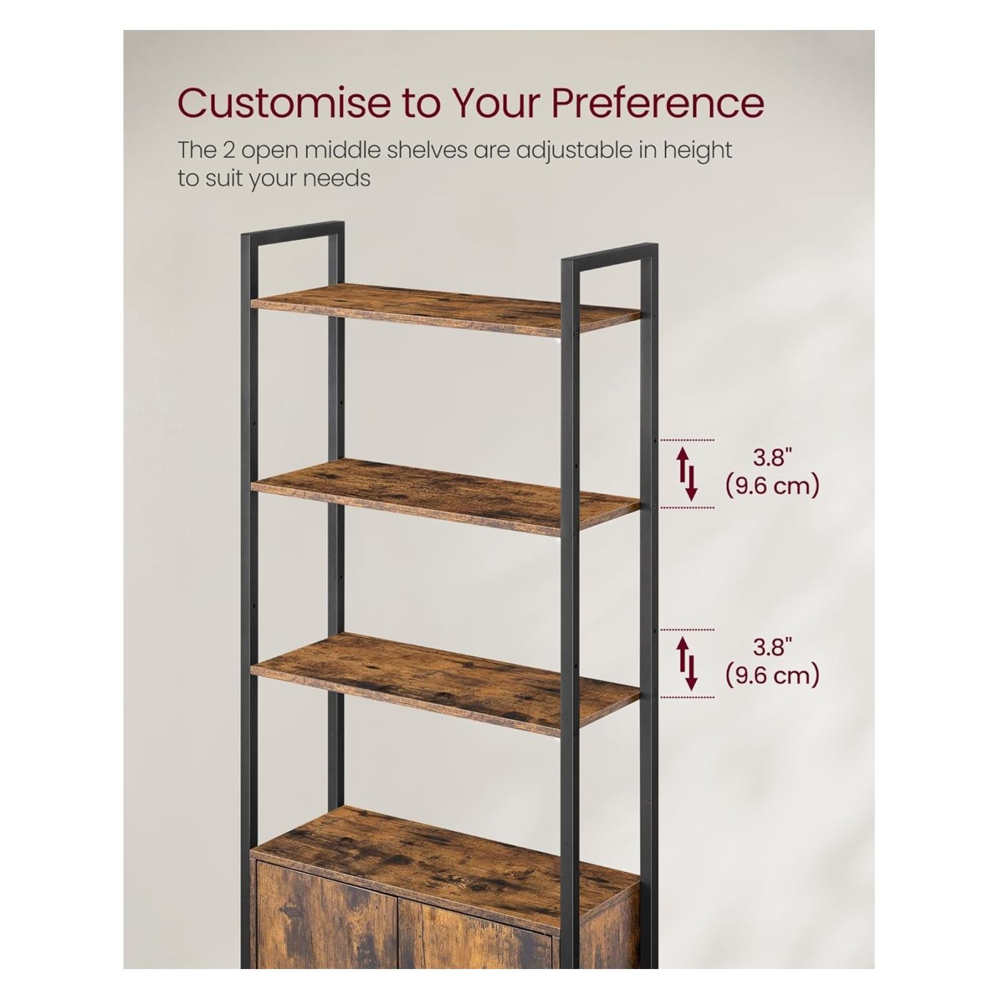 Отворена етажерка за книги с интегриран шкаф, метална рамка и ПДЧ, 24x60x160 см, рустик кафяво - 4