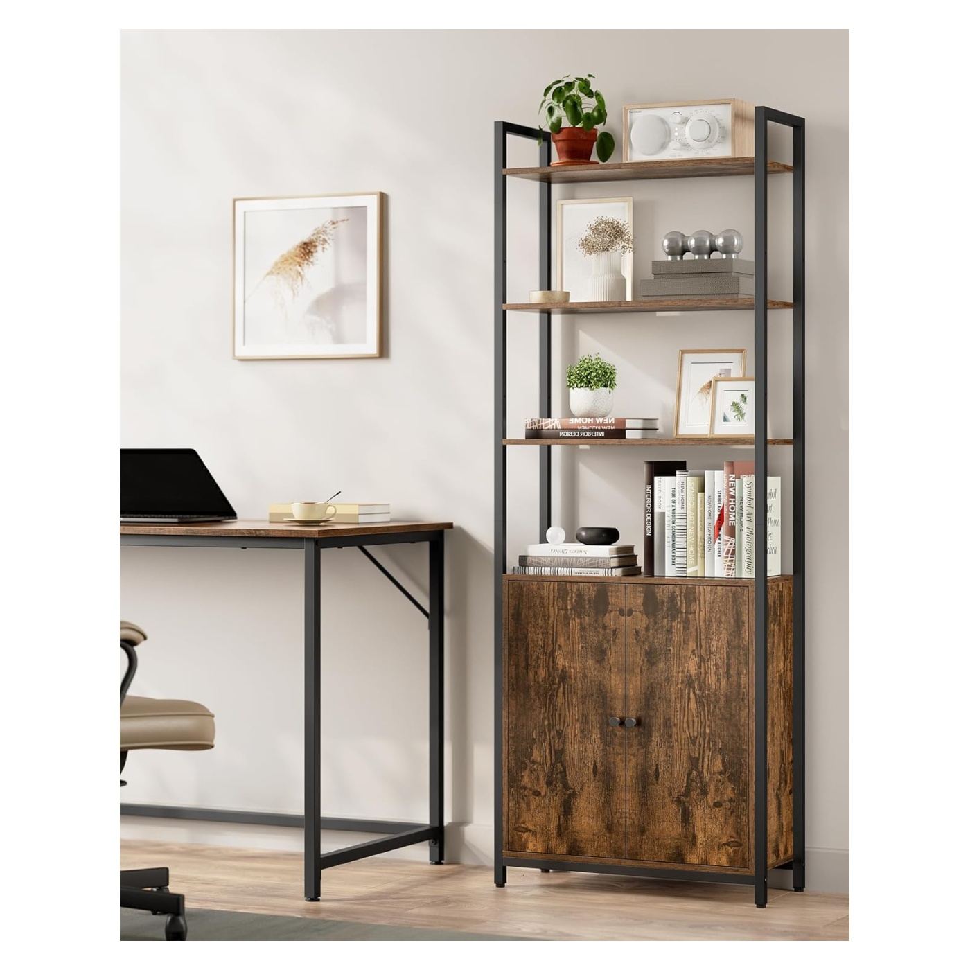 Отворена етажерка за книги с интегриран шкаф, метална рамка и ПДЧ, 24x60x160 см, рустик кафяво - 5