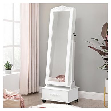 Oglinda de podea cu dulap depozitare bijuterii, iluminare LED si roti, cu cheie, 35x45x156 cm, alb