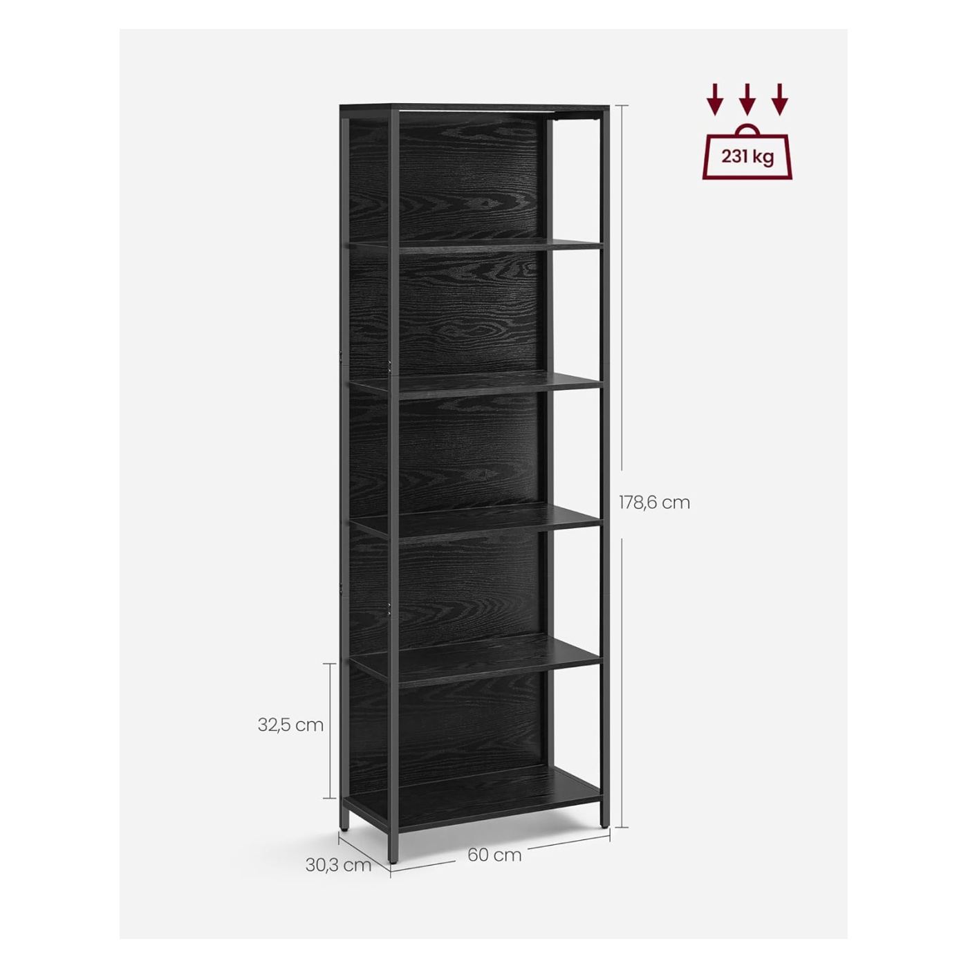 Етажерка с 6 рафта и регулируемо LED осветление, 25 цвята, метална рамка, 30x60x179 см, черен - 2