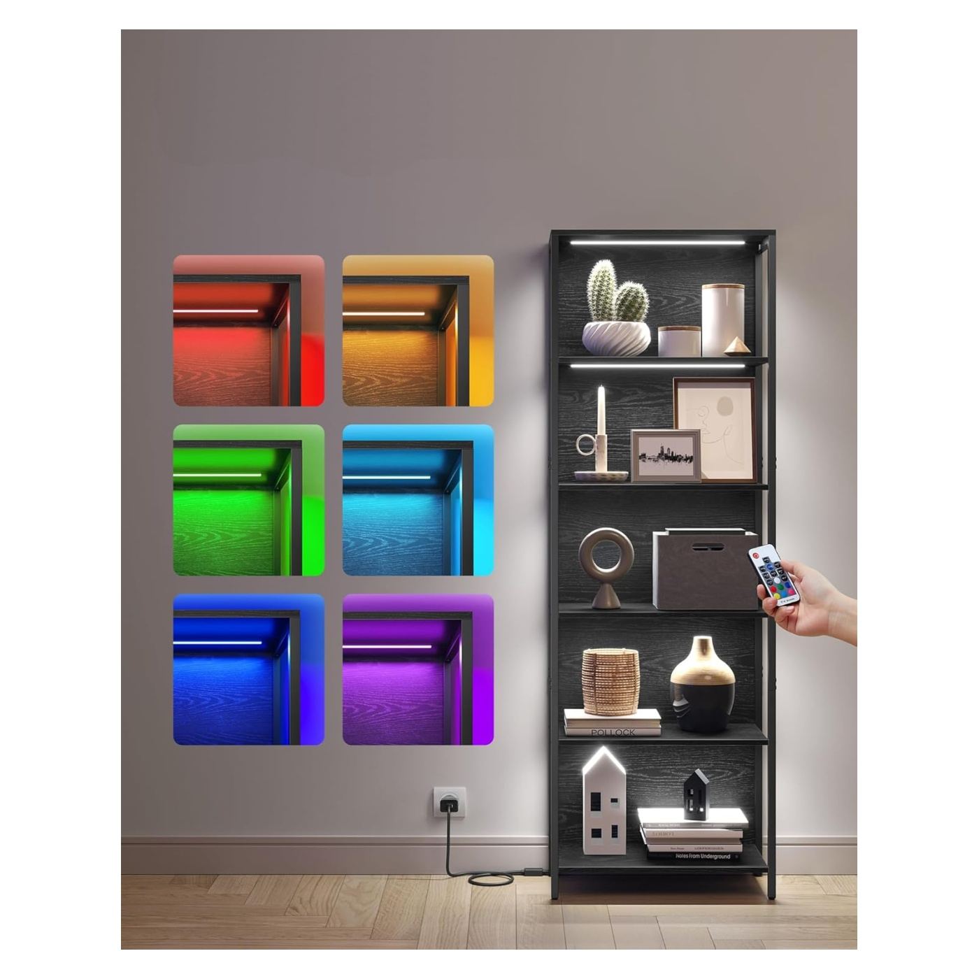 Етажерка с 6 рафта и регулируемо LED осветление, 25 цвята, метална рамка, 30x60x179 см, черен - 4