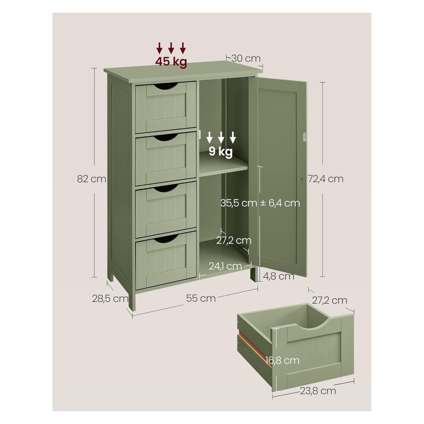Шкаф за баня MDF 4 чекмеджета врата регулируеми рафтове, 30x55x82 см, shaker стил, зелен - 5