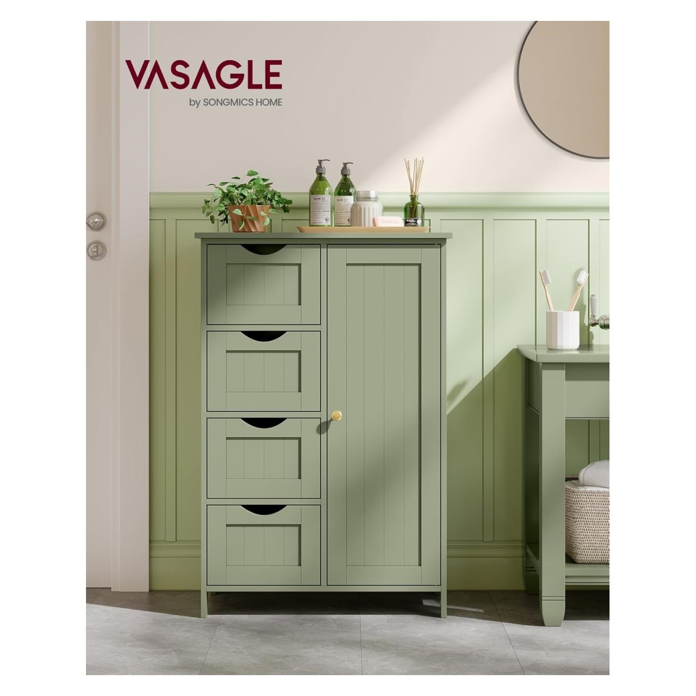 Шкаф за баня MDF 4 чекмеджета врата регулируеми рафтове, 30x55x82 см, shaker стил, зелен - 6
